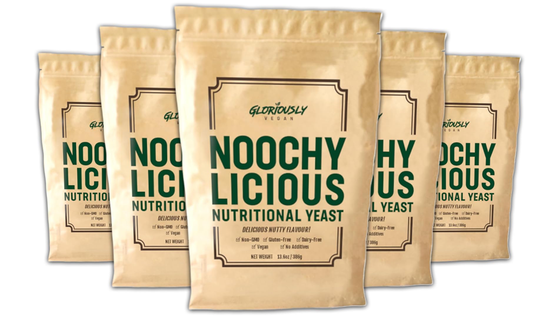 Gloriously Vegan, Noochy Licious Nutritional Yeast – Best-Tasting Vegan Cheese Flavor – Non-GMO, Gluten-Free, Dairy-Free, Rich in Fiber, Vitamins & Minerals – 5 x 13.6 Ounce Mega Value Bag