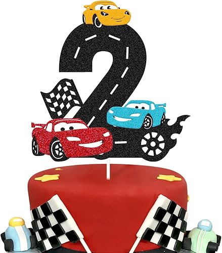Decoración para pastel de 2º cumpleaños con diseño de auto de carreras, decoración rápida para tartas de autos de carreras, bandera a cuadros, para