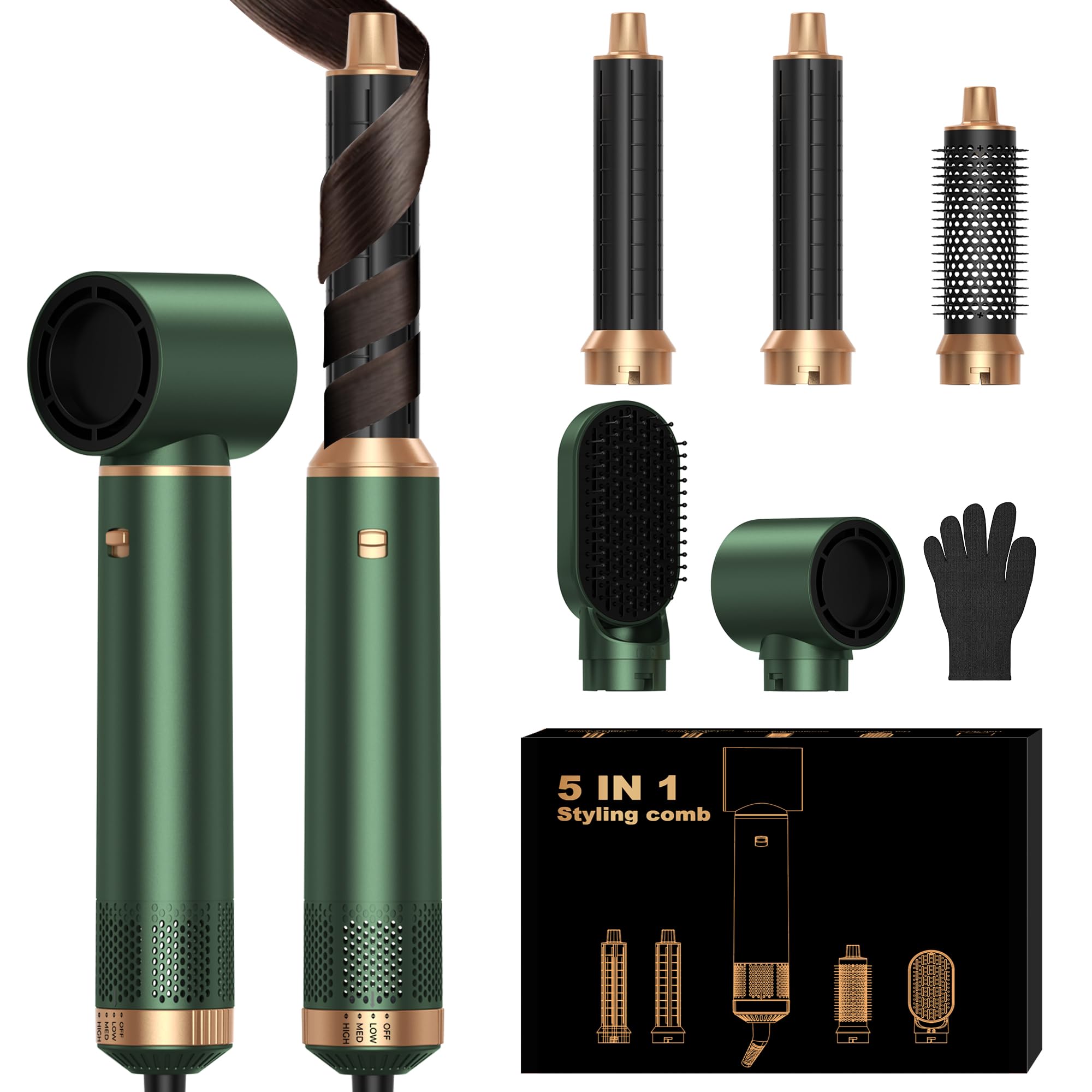 Haarstyler Hairstyler 5 in 1 Hair Styler Set, Airstyler Air Curlers Föhn 5 in 1 Mit Rundbürstenföhn Haarstyler Warmluftbürste Föhn Lockenstab Luft Thermal Brush Für Glätten, Trocknen, Volumen, Locken