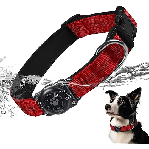 AirTag Dog Collar, IP68 Waterproof Air Tag Dog Collar Holder, Reflective, Ultra-Durable, Comfortable Padded, Heavy Duty Dog Collars for Small Medium Large Dogs (M (12.6"-17.1"), Red)
