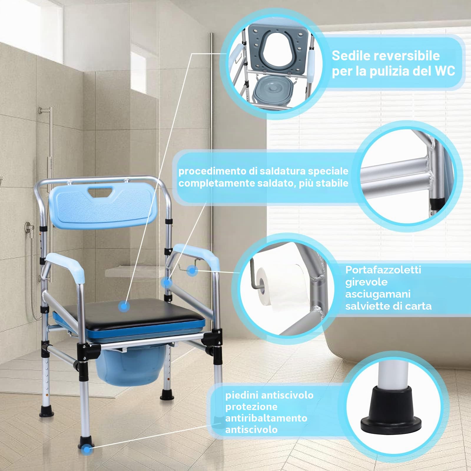 Ikodm Sedia per WC regolabile in altezza, antiscivolo, con seduta imbottita e secchio per WC, portata fino a 160 kg, per anziani e disabili, ecc