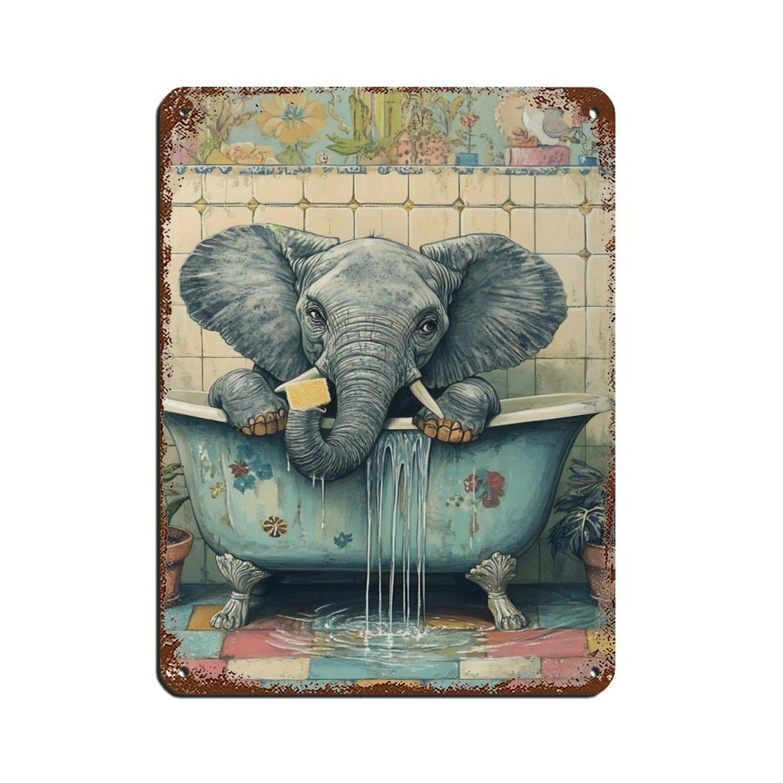 Quirky Elephant in Bathtub Retro Poster Metal Tin Sign Chic Art Retro Iron Painting Bar People Cave Cafe Family Garage Poster Wall Decoration 12x16inch(30x40cm)