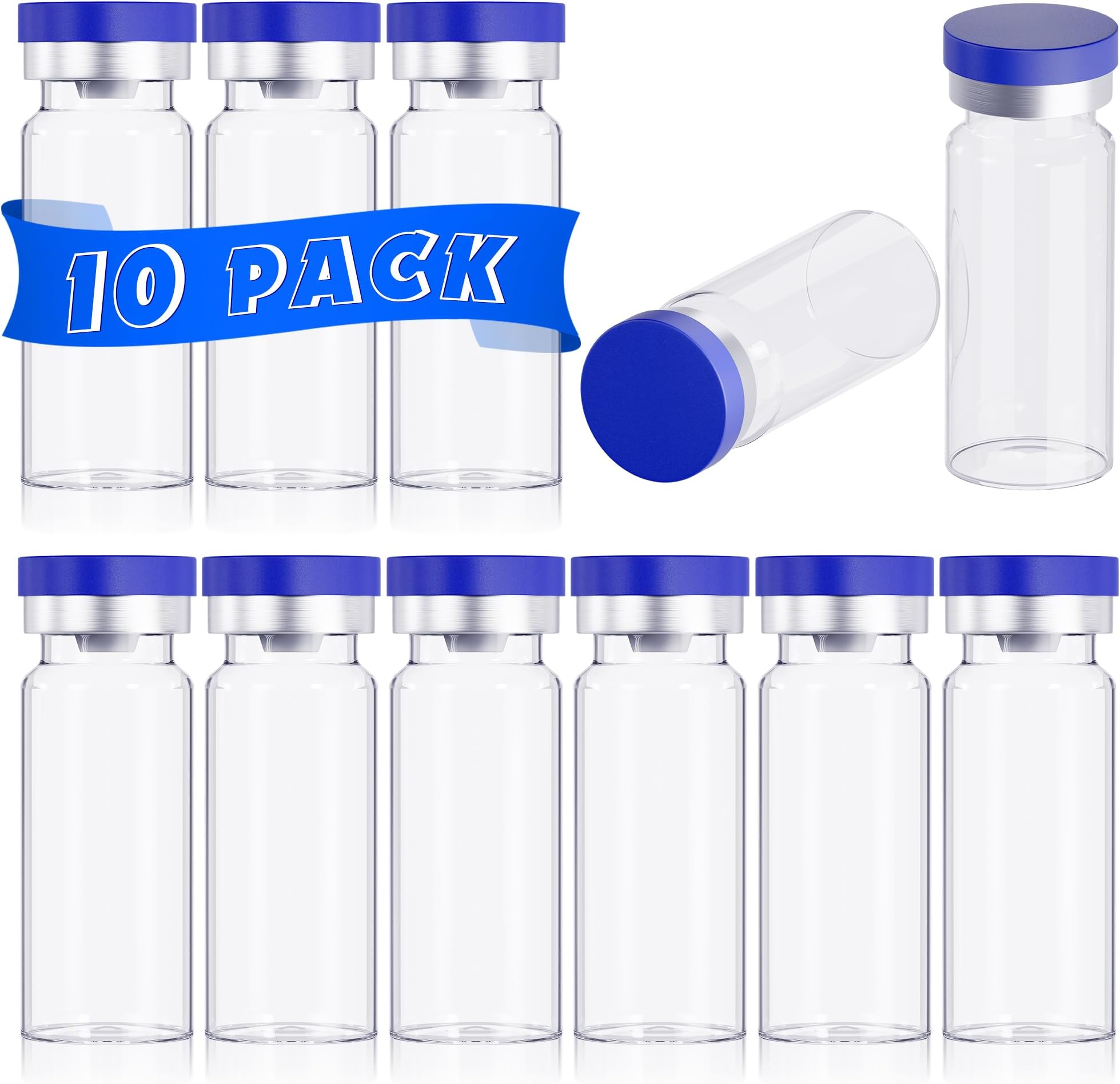 otwooi 10ml Vial for Injection Empty Glass Small Vials with Self Healing Injection Port and Flip Off Aluminum Cap for Water, Liquid Sample Bottles (10pcs)