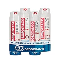Borotalco, Deodorante Uomo Spray Puro, con Talco Essenziale, Formula Senza Alcool e Sali di Alluminio, Asciutto Anti-Odori, 72h di Efficacia, Profumo Minerale – 4 Flaconi da 150 ml