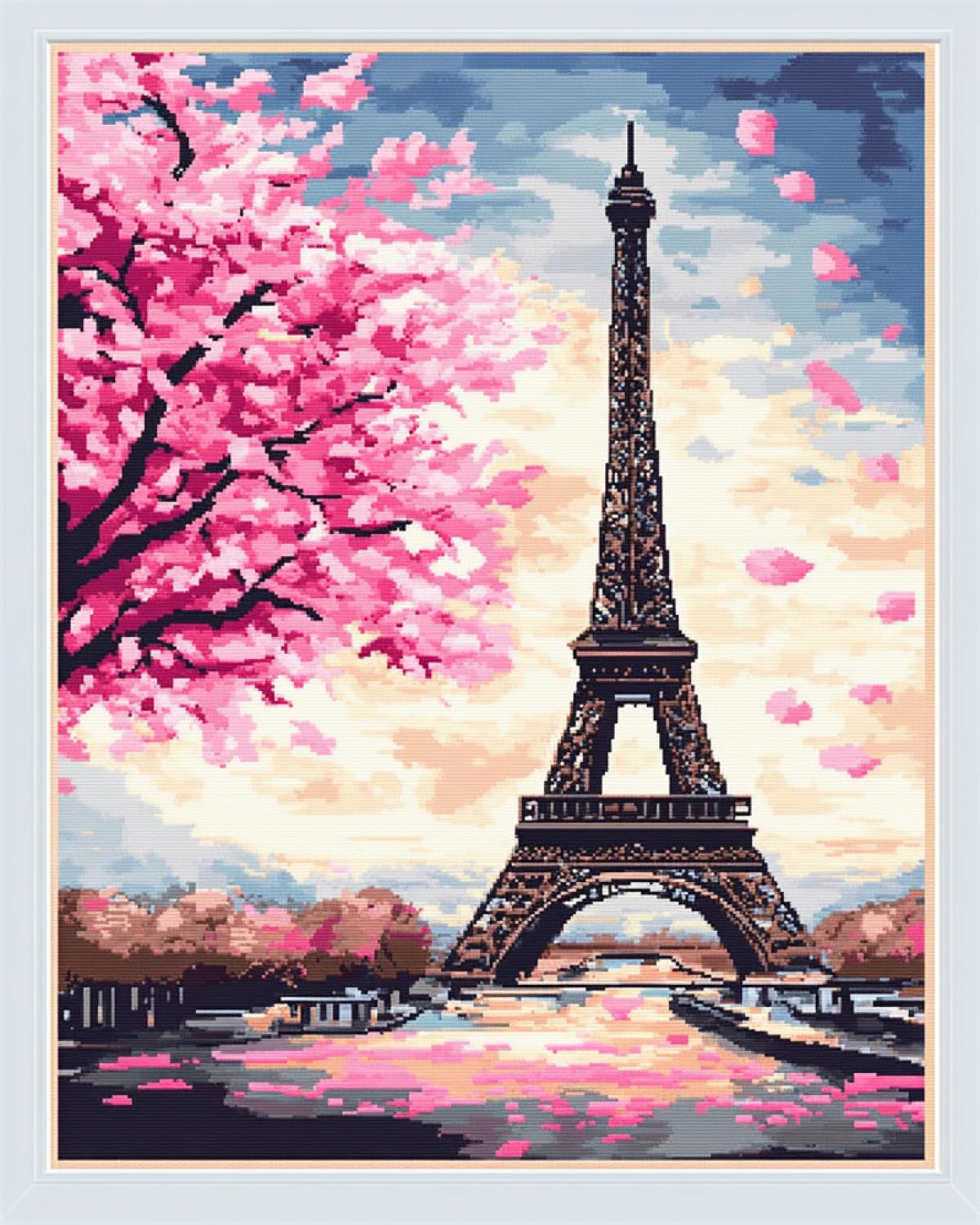 DIY Juego De Bordado Con Cuentas Árbol Y Torre De Flores Rosas Kit De Bordado Con Cuentas Para Adultos,Set De Tapiz Con Bordado A Mano,Kits De Bordado Con Cuentas De Semillas Para Hacer Un 40x50cm
