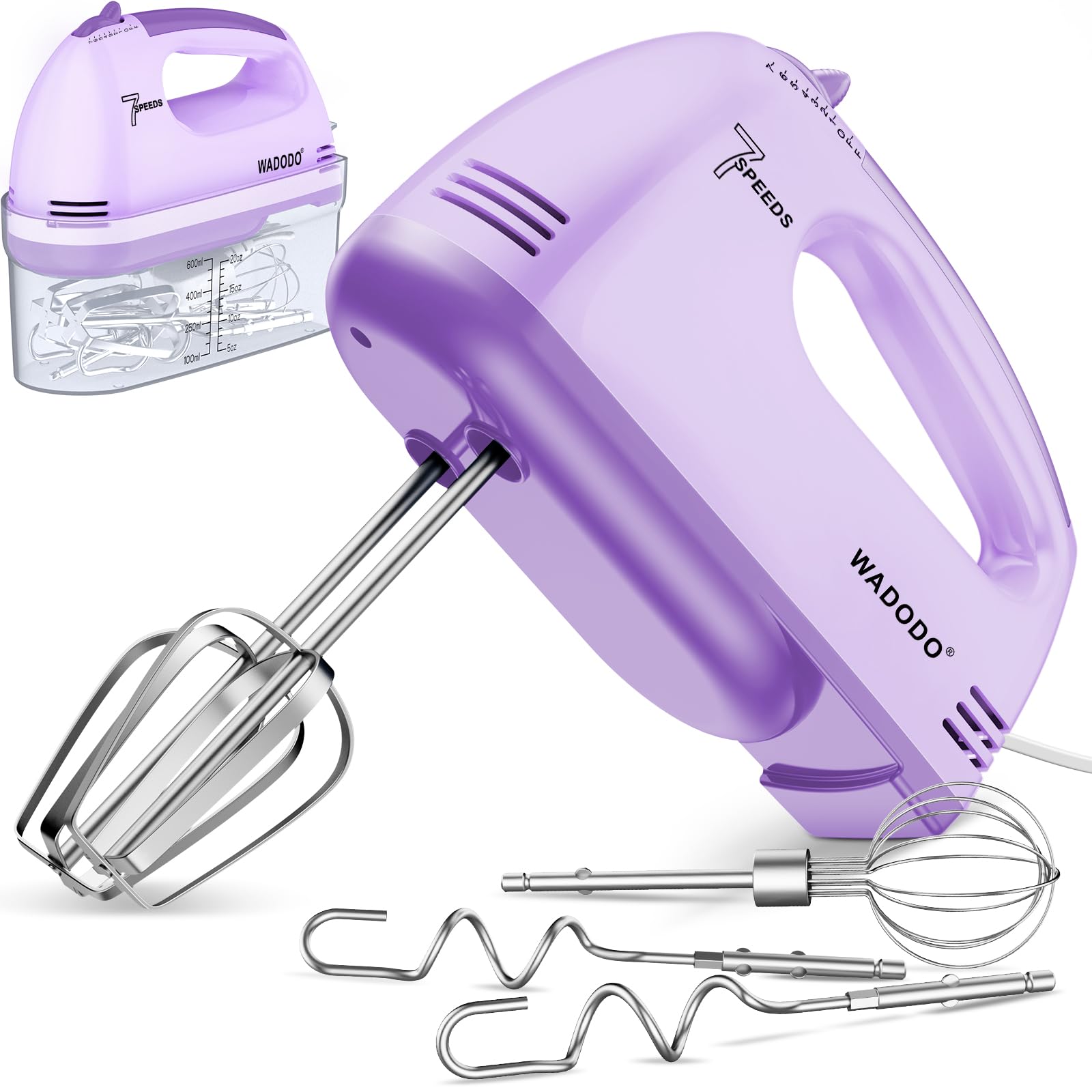 WADODO 7-Speed Electric Hand Mixer – Portable Food Mixer Kitchen Mixer with 304 *(1x Whisk, 2x Beater, 2x Dough hook) (1xStorage Box) for Baking Cakes, Cream, Cookies, Purple