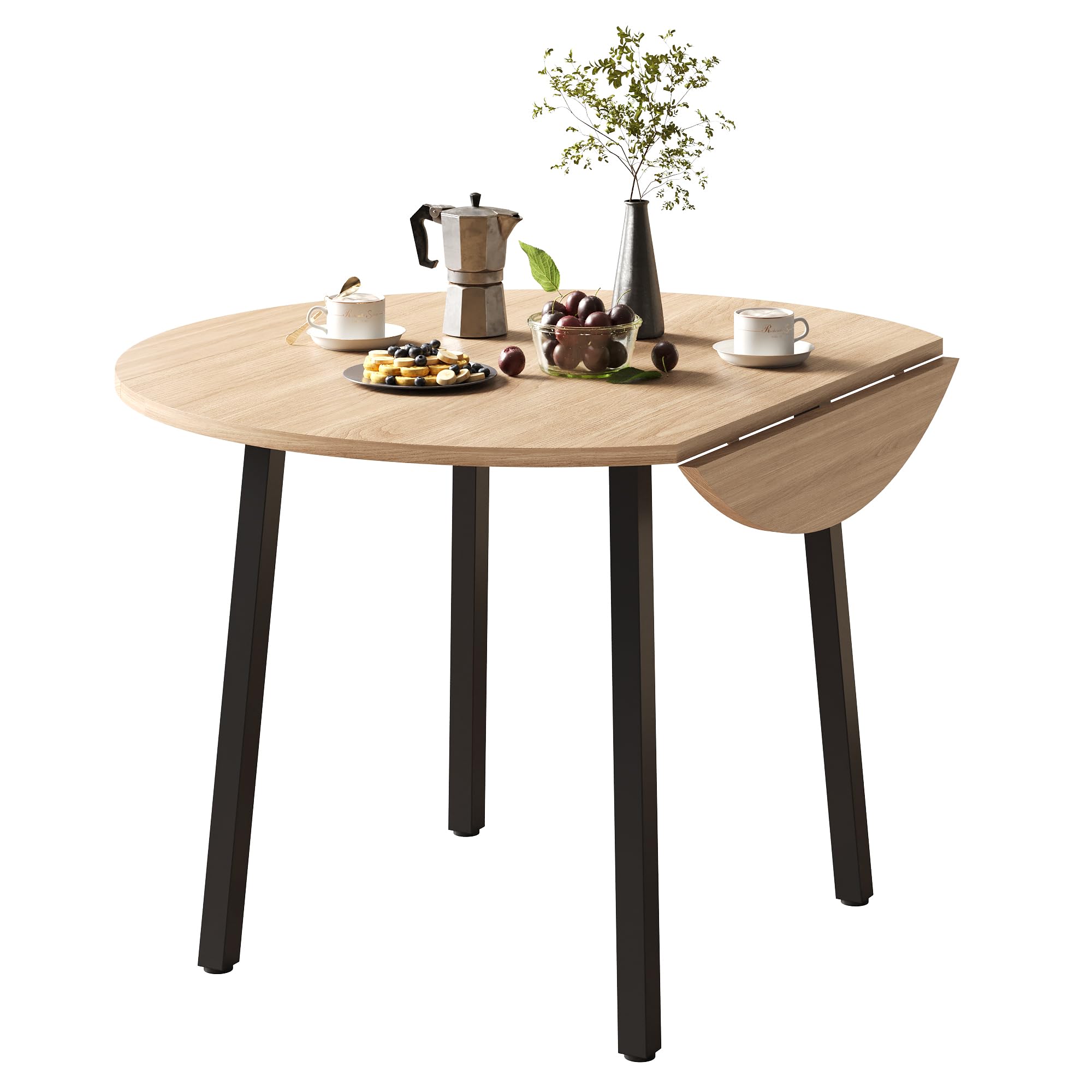 Mesa de comedor plegable de 100 x 100 cm, mesa de cocina redonda para 2-4 personas con mesa plegable y patas de metal para apartamentos pequeños, color roble