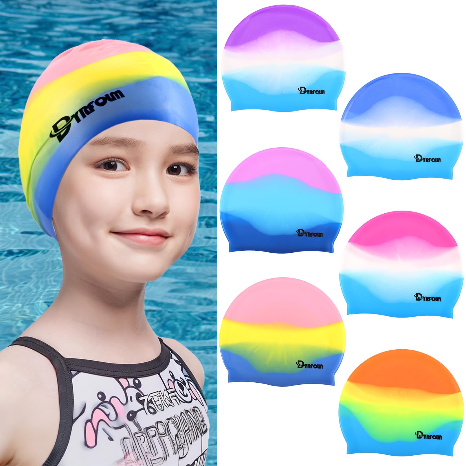 Dyrfolm 6 Pieces Kids Swim Caps,Silicone Swim Cap,Toddlers Swimming Caps,Kids Swim Caps for Boys Girls,Waterproof Swimming Hat,Elastic Bathing Caps for Short Hair to Keep Hair Dry