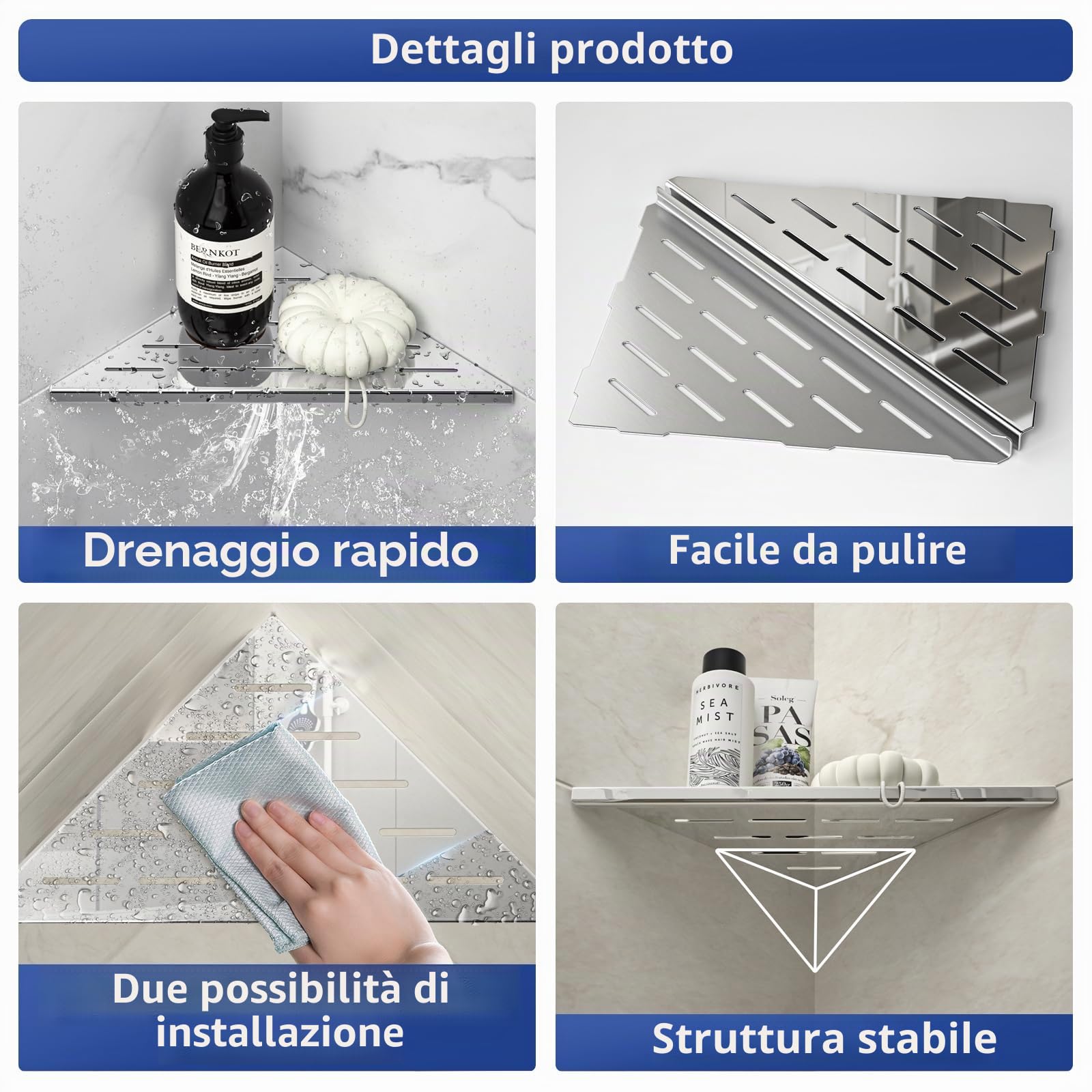 Set di 2 ripiani per doccia angolare in acciaio inox 304 per pareti piastrellate, mensola da incasso per la ristrutturazione del bagno (lucidato, 254 mm)