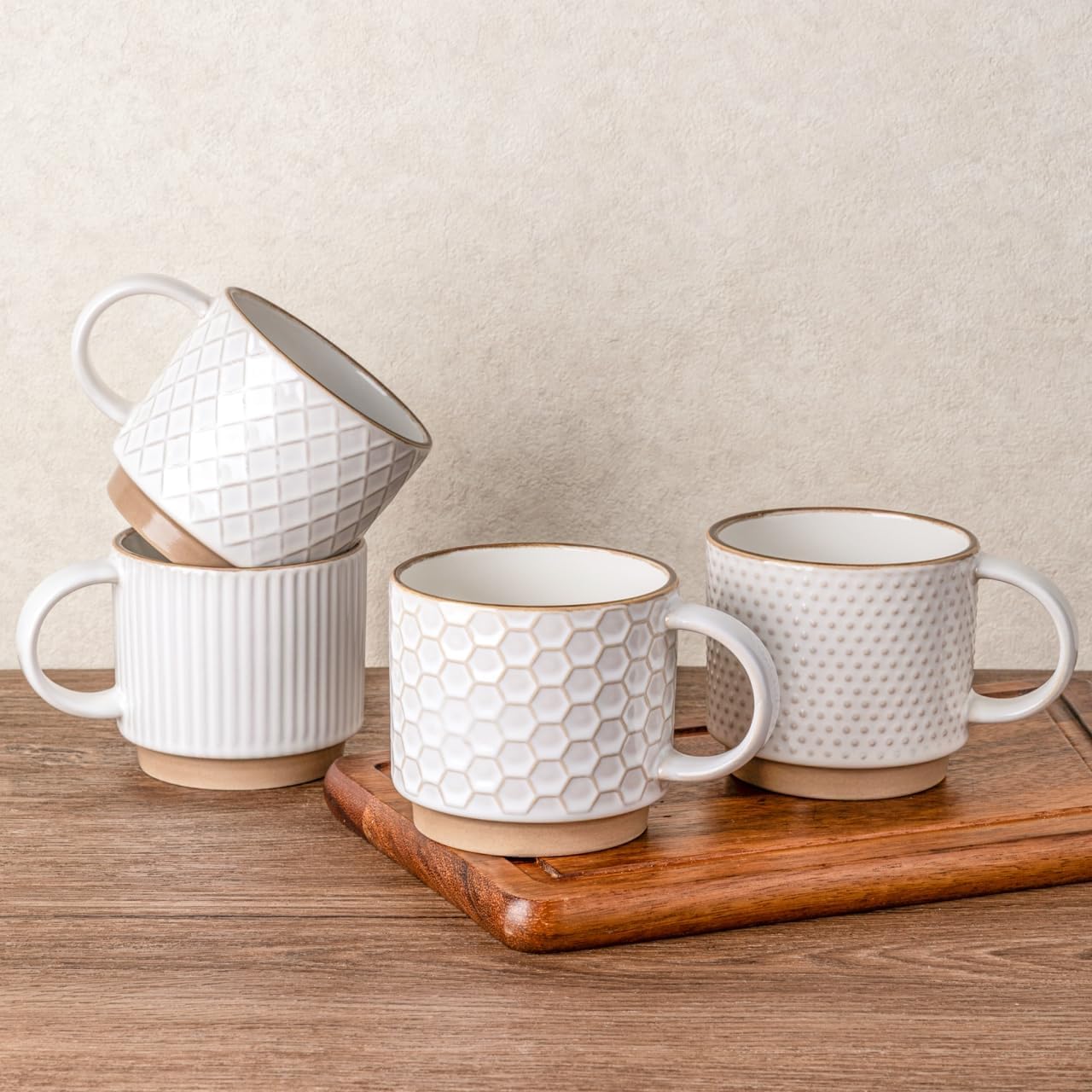 GBHOME 15OZ Stackable Coffee Mugs, Ceramic Texture Patterns for Man, Woman, Dad, Mom - Modern Set of 4 for Latte/Cappuccino/Cocoa. Dishwasher & Microwave Safe, Off White