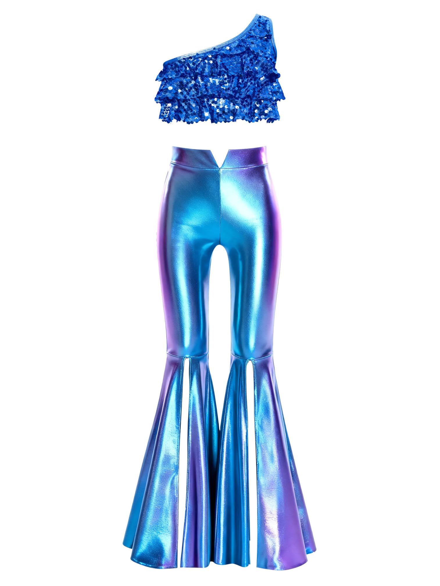 ranrann Tuta da Ginnastica Artistica Ragazza Monospalla Crop Top in Paillettes e Pantaloni a Zampa Completo Sportivo da Danza Moderna Jazz Hip Hop Ballo di Strada B Blu reale 13-14 anni