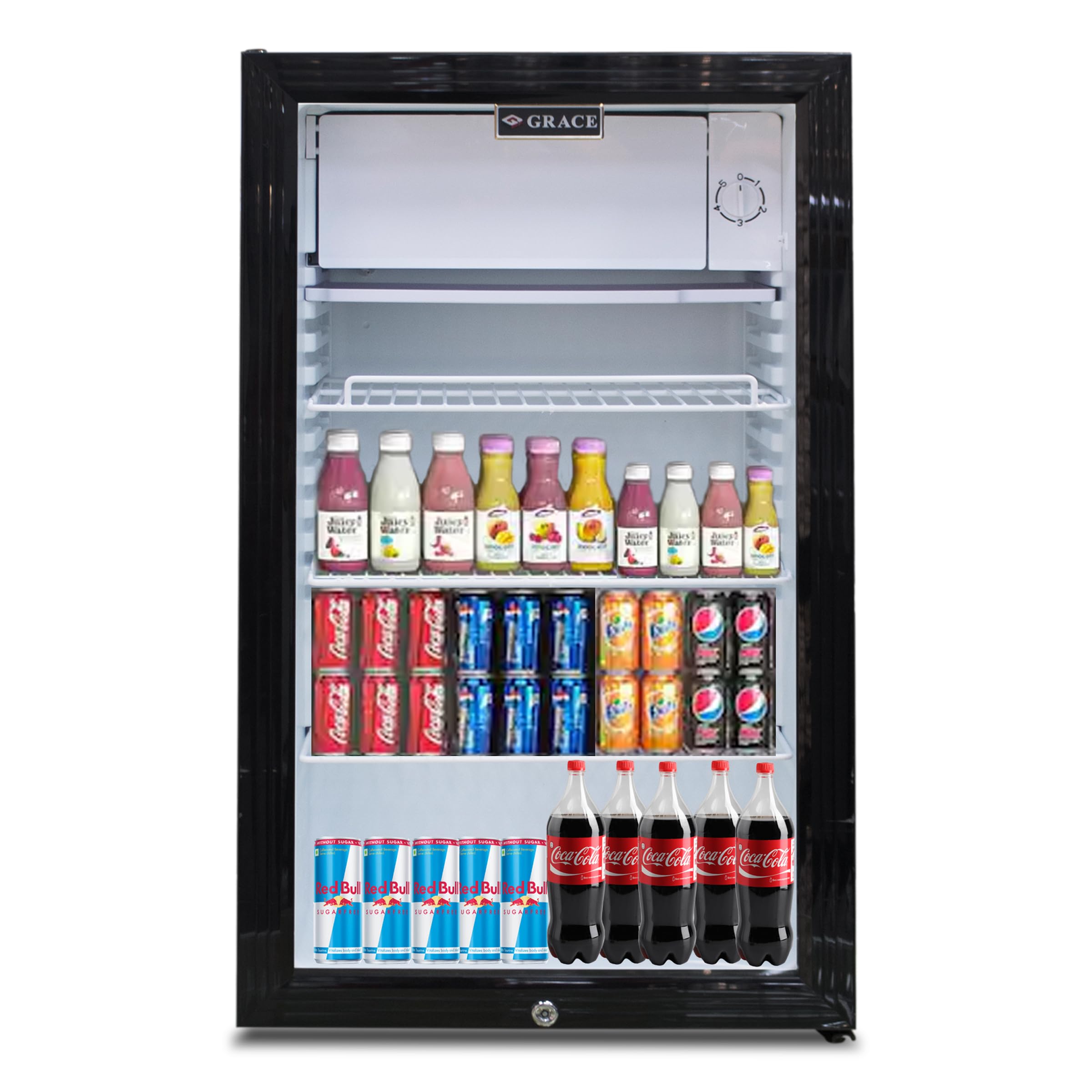 Grace Drinks Cooler Beverage Refrigerator Display Chiller with Lock Fridge Bar Wine Cabinet Froster and Beer Soda Refrigerator Clear Front Glass Door, 80L Capacity 4 Floors
