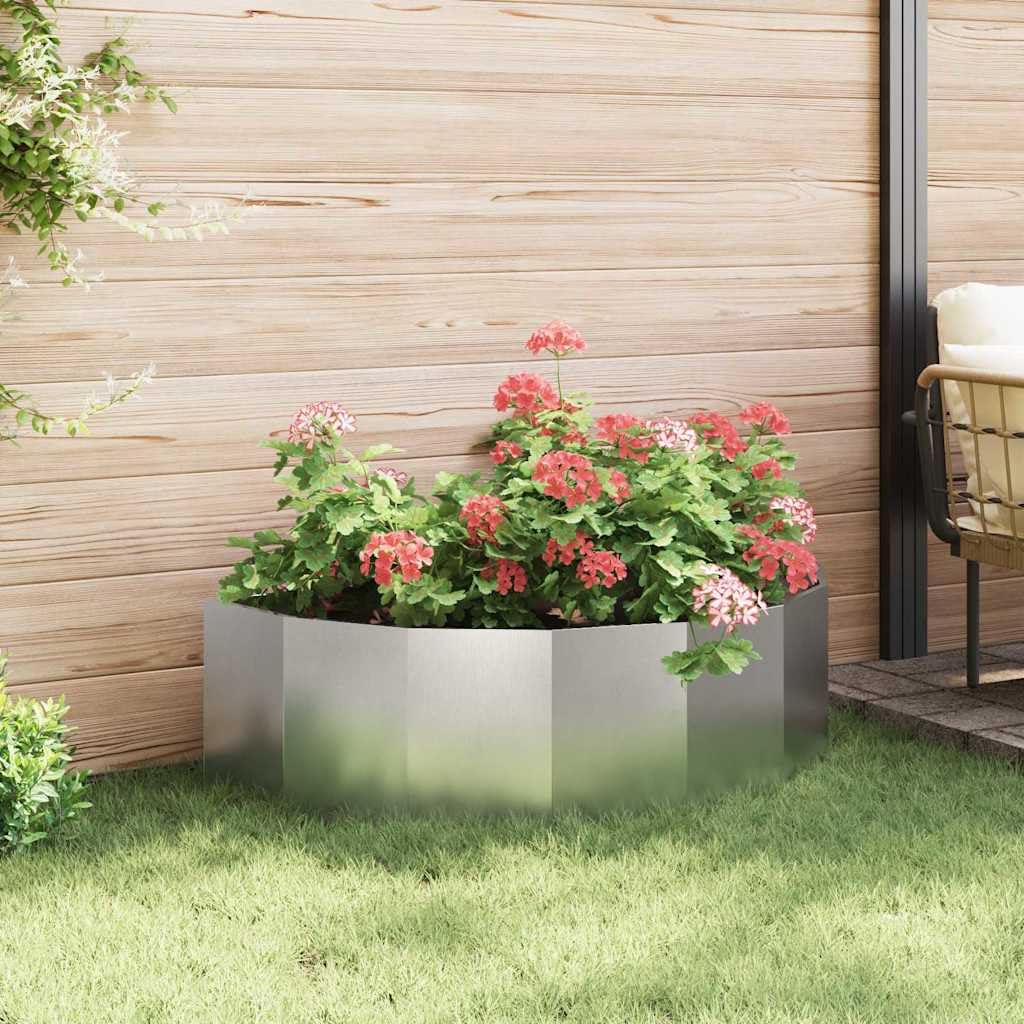 Nowoczesna srebrna półokrągła doniczka 120 x 60 x 35 cm – odporna na rdzę doniczka na kwiaty do ogrodu, na taras, balkon, stylowy dekoracyjny pojemnik na rośliny i kwiaty