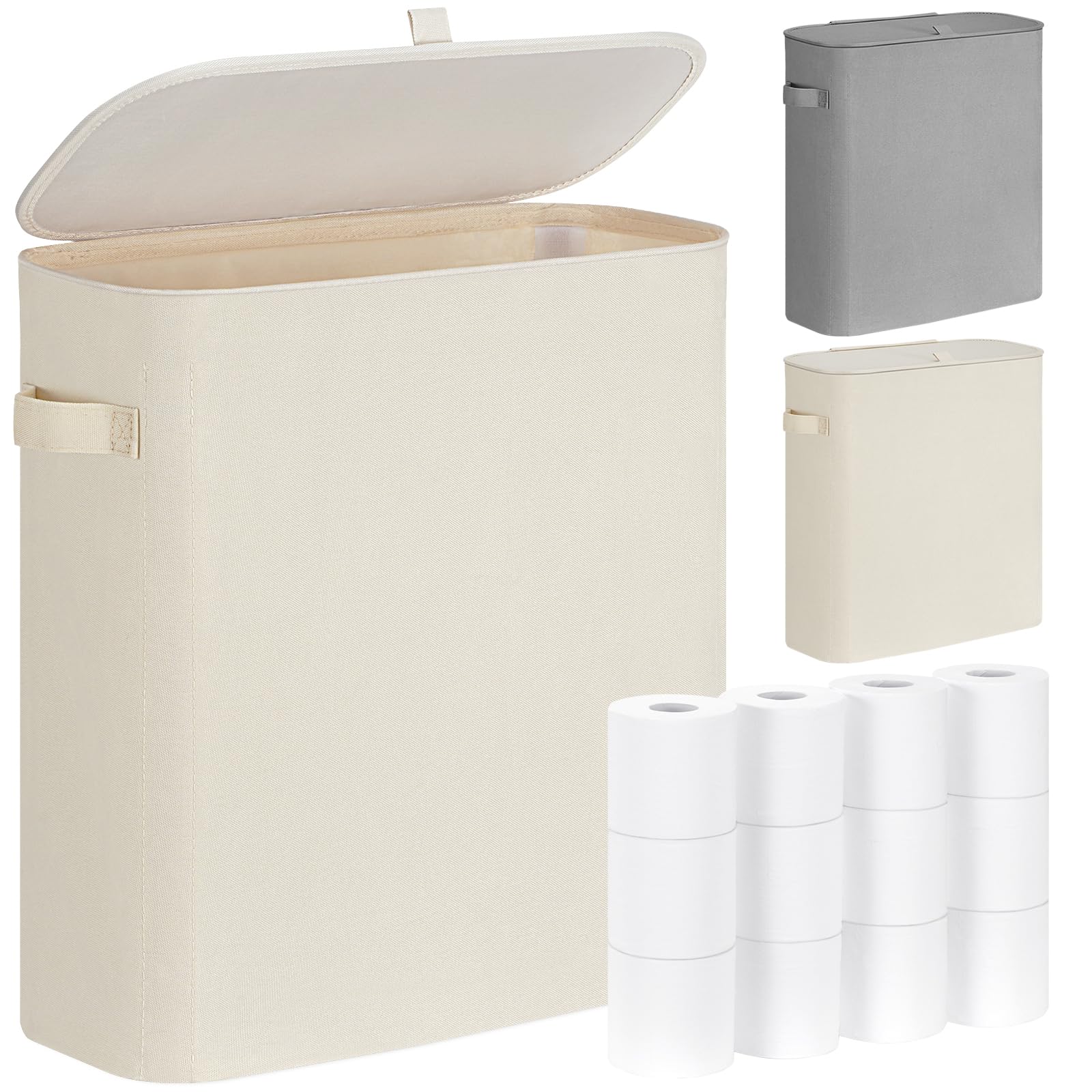 33L Porta Rotolo Carta Igienica da Terra, Mobiletto Cestini Bagno Portaoggetti, Contenitore Carta Igienica con Coperchio für 9-16 Rollen Klopapier, Beige