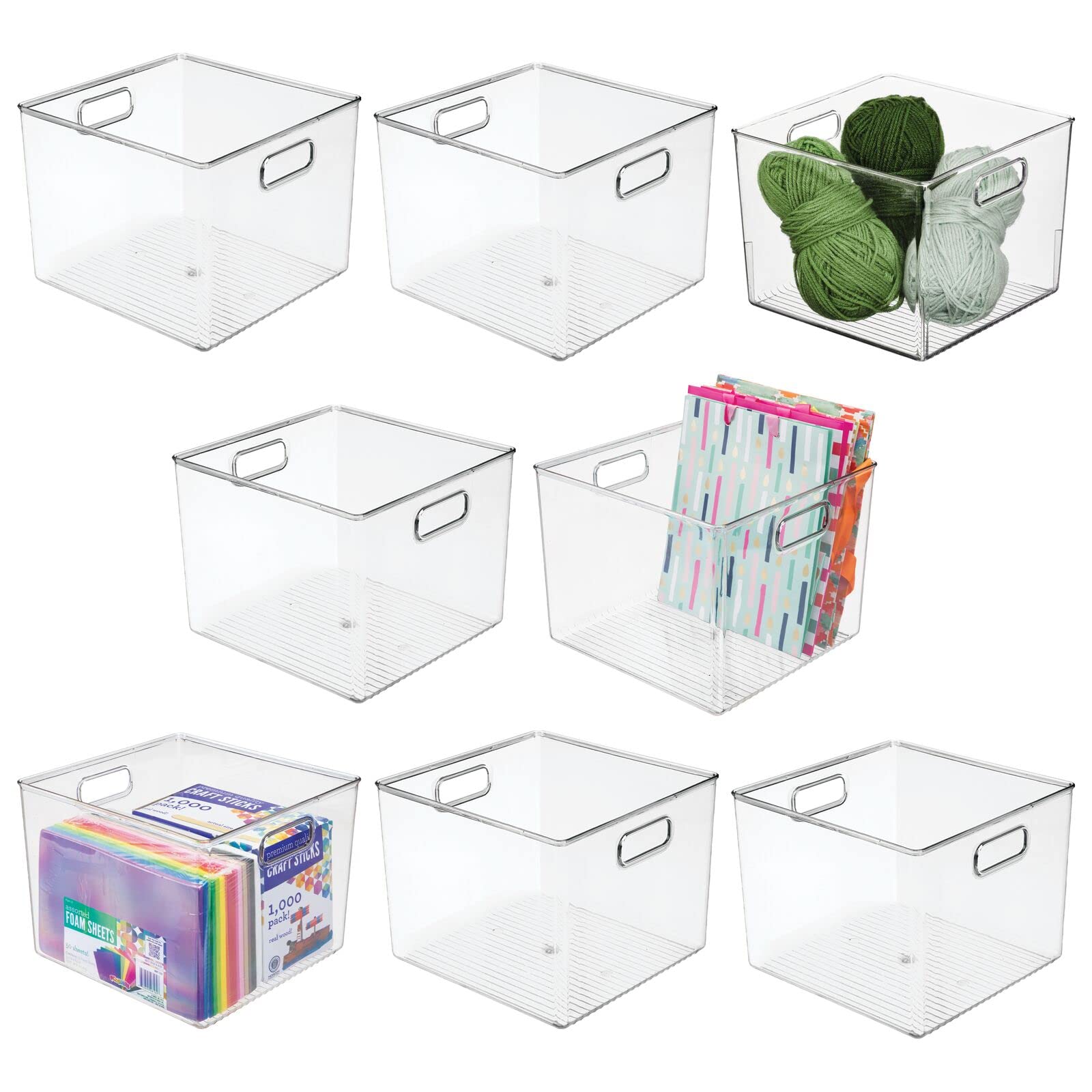 mDesign Small Modern Plastic Storage Organizer Bin Basket with Handles for Craft Room Organization - Shelf, Cubby, Cabinet, and Closet Organizing Decor - Ligne Collection - 8 Pack - Clear