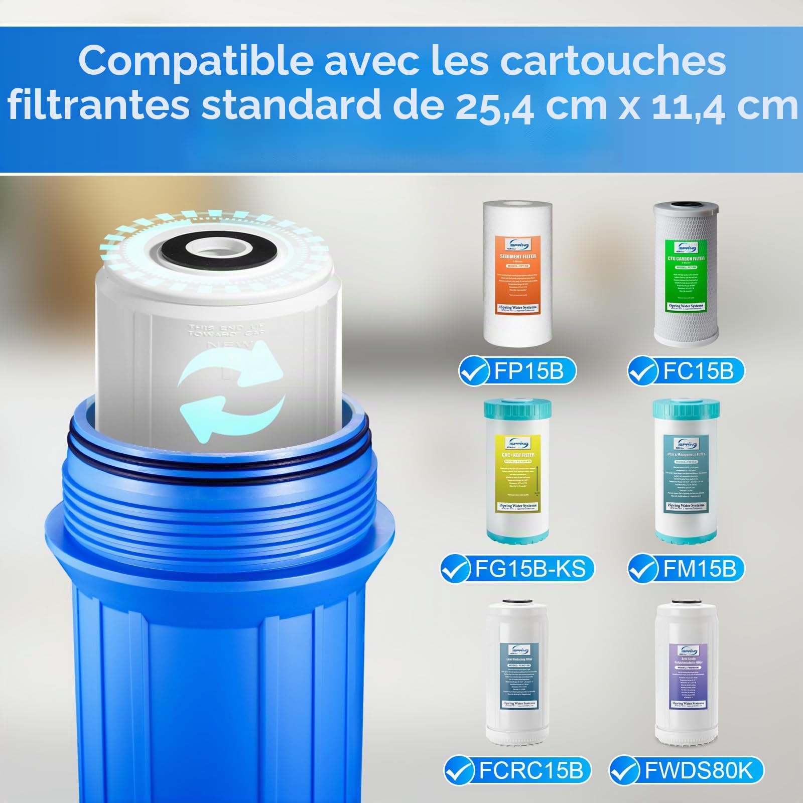 iSpring HB18B Boîtier de Filtre à Eau, Compatible avec Cartouche de 10" x 4,5", Sortie/Entrée 1", Système de Pré-filtration pour Toute la Maison, Libération de Pression, Robuste