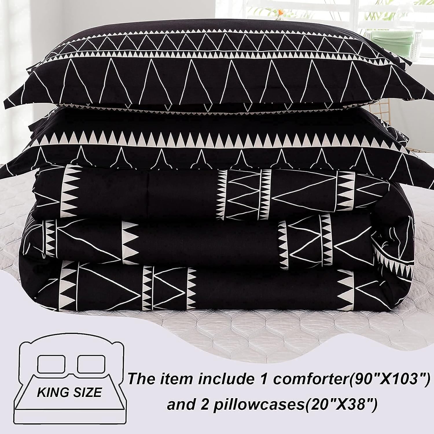 WONGS BEDDING Black Comforter Set King Size (104"x 90"), Reversible Boho Striped Bedding Set for King Bed - 3 Pieces (1 Comforter + 2 Pillowcases), Soft Microfiber Down Alternative