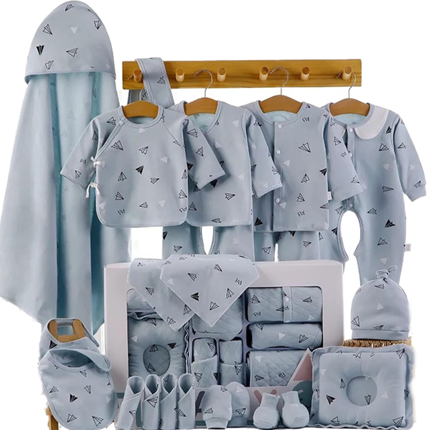Baby Newborn Essentials Layette Gift Set with Box 22 Piece Girl Boys Gifts Premium Cotton Clothes Accessories Set Fits Newborn Baby Cuddle Strap Bib Gloves