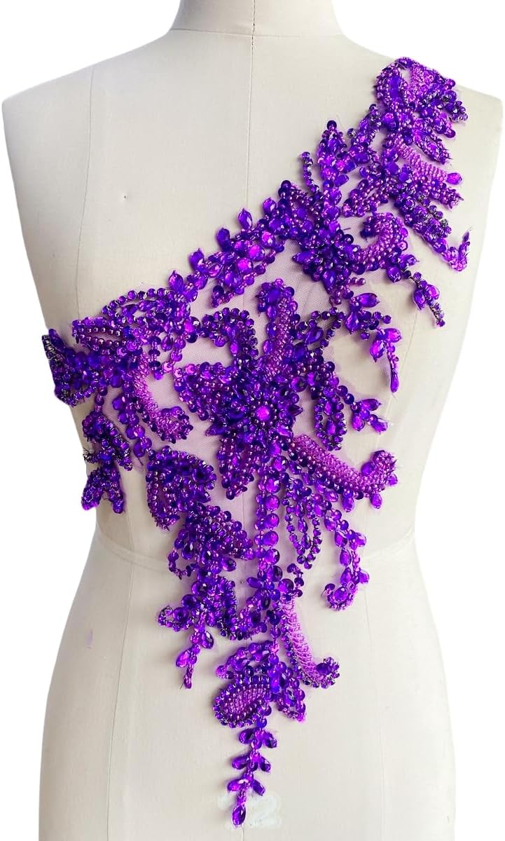 Handmade Rhinestones Applique DIY Handsewing Beads Sequins Trim Patch One Shoulder Dress Clothes Accessories 10X22inches (Pink,B)