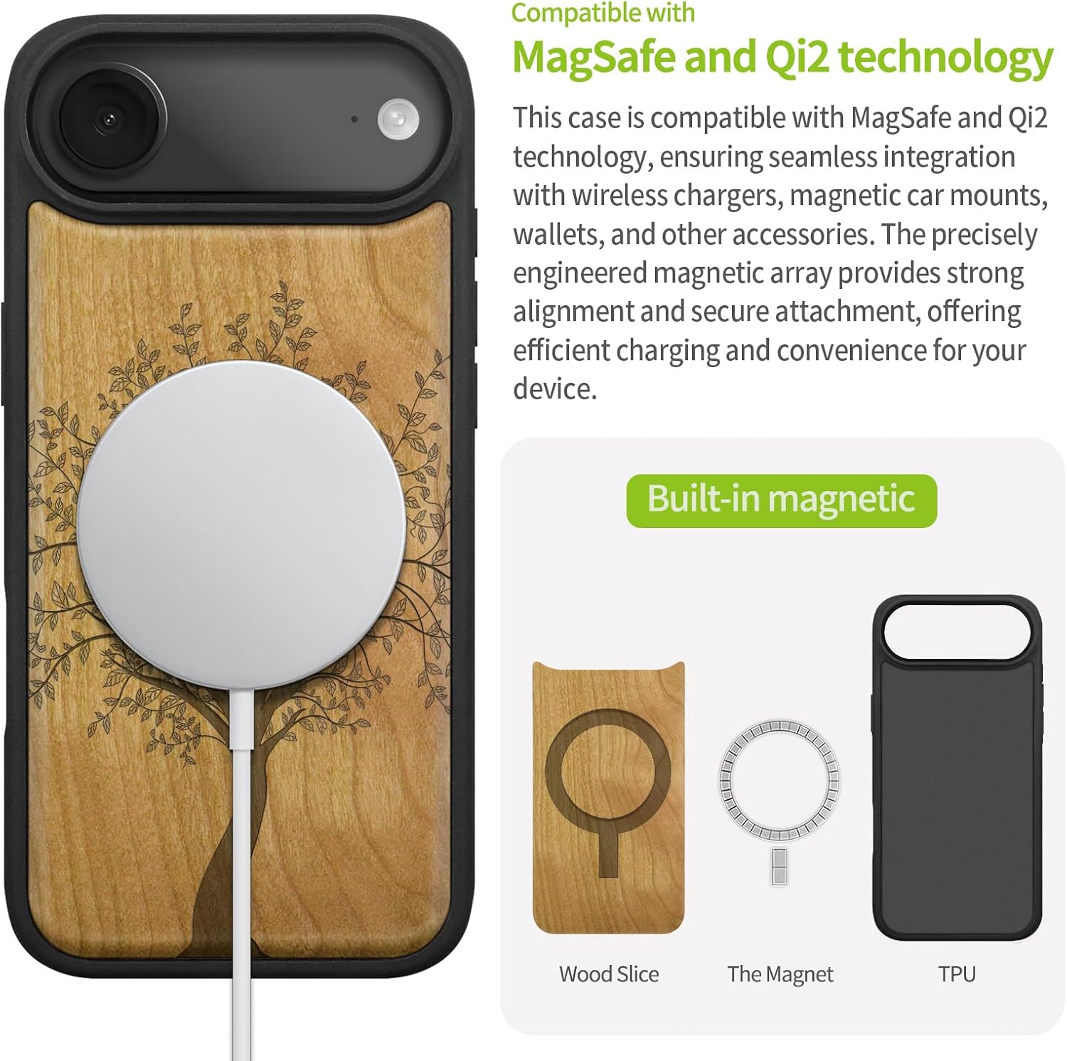 Carveit Magnetic Wooden Case for iPhone Air Case, Wood Artisan Engraved & Soft TPU Shockproof Cover, Compatible with MagSafe 17 Air Wireless Chargers (Leafy Tree) Cherry