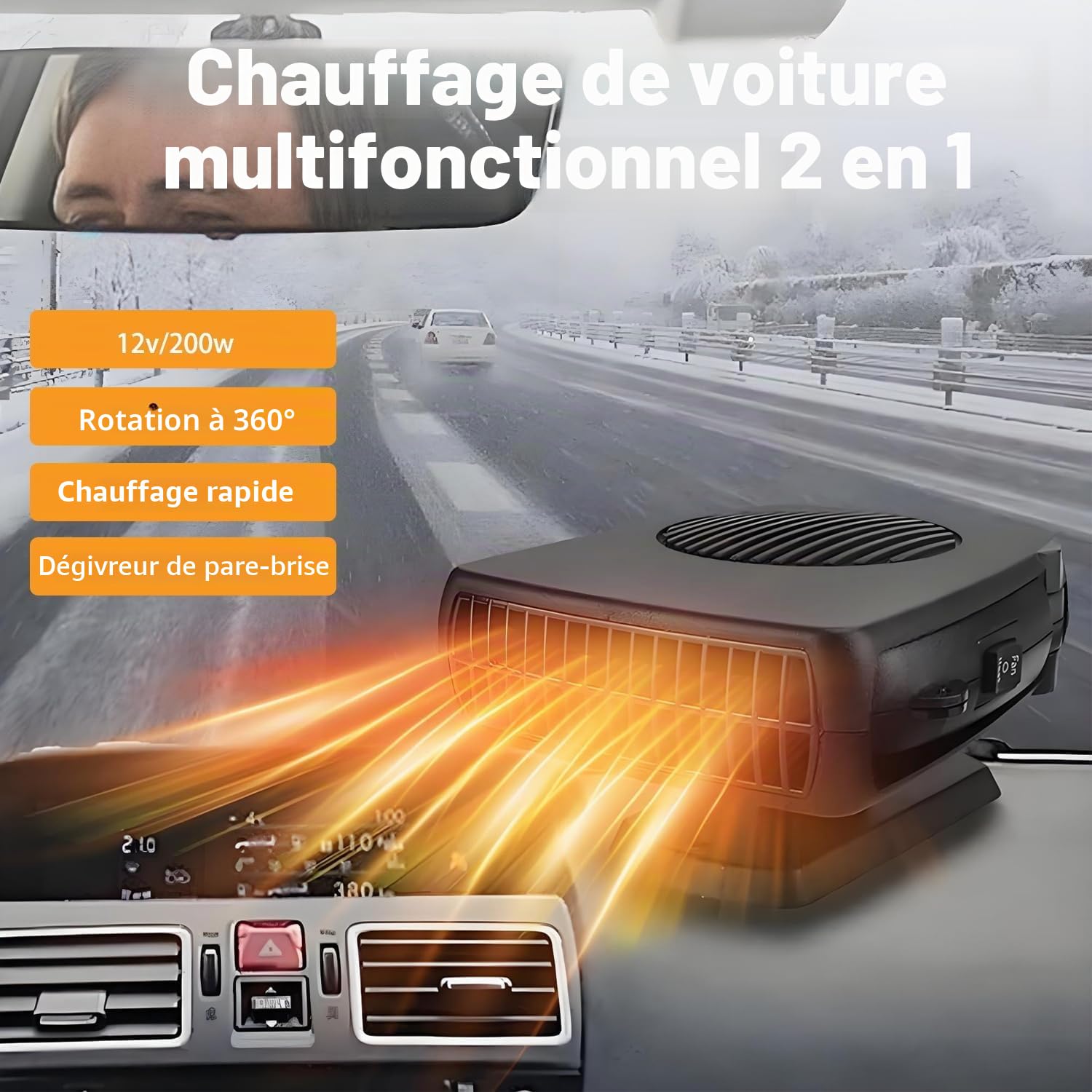 Chauffage de Voiture, 12V 200W Portable Chauffage Rapide - Dégivreur 2 en 1 - Chauffage et Refroidissement de Pare-Brise de Voiture - Se connecte à l'allume-Cigare - pour Voitures, SUV