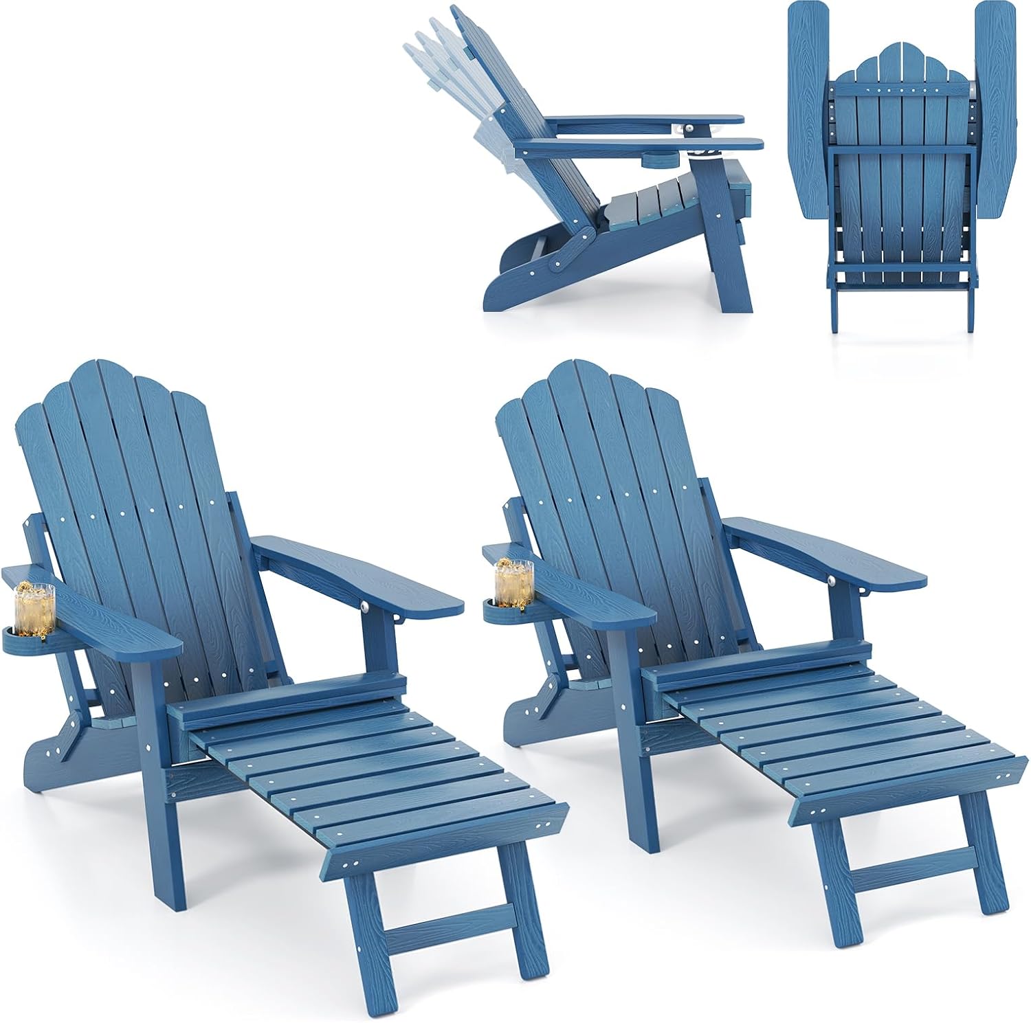 ORALNER Set of 2 Folding Adirondack Chairs with Adjustable Backrest, Retractable Ottoman, Cup Holder, HIPS Plastic Resin Outdoor Lounger for Patio, Deck, Yard, Porch, Fire Pit, Pool, Lawn (2, Blue)