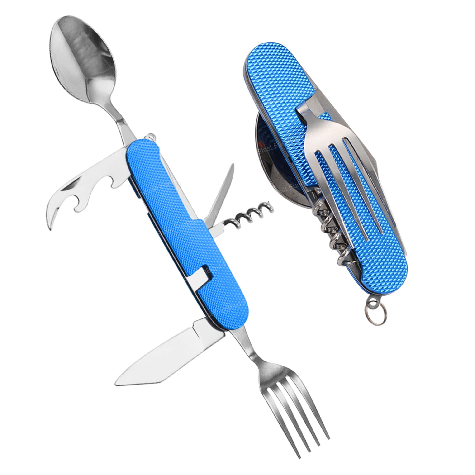 FunBlast 6 in 1 Spoon, Fork, Knife Set – Foldable Travel Spoon Knife Utensils, Camping Accessories, Fork & Spoon for Travel, Corkscrew Bottle Opener for Travel Hiking Survival Flatware (Blue)