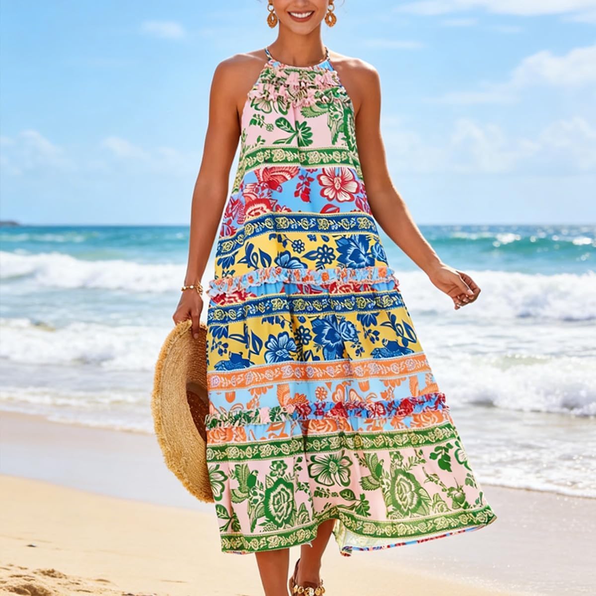 Women's Boho Casual Summer Floral Halter Tiered Beach Dress, Lightweight Comfortable Printed Color-Blocked Dress