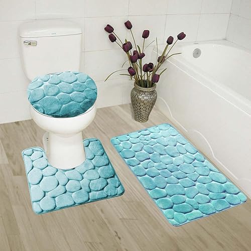 Miniatura 4 de Juego de 3 alfombras de baño de espuma viscoelástica con diseño de piedra griega de roca griega, colores sólidos, tapete de baño de contorno y