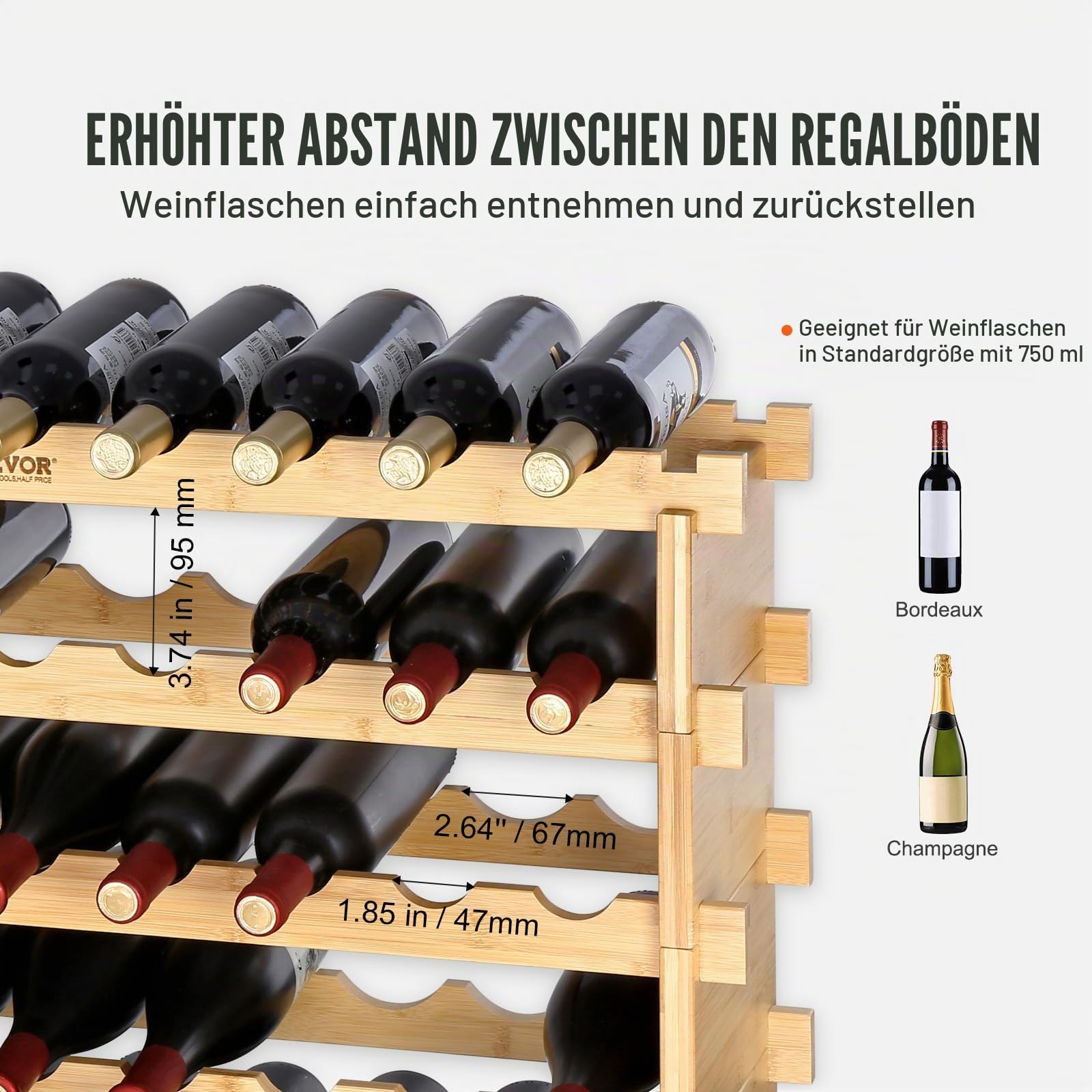 VEVOR Weinregal Weinständer für 72 Flaschen, BambusßFlaschenregal mit 8 Fächern, Stapelbar Vintage Weinständer Metall für Keller, Bar, Lagerraum usw. Flaschenhalter Weinflaschenregal 80 kg Belastbar
