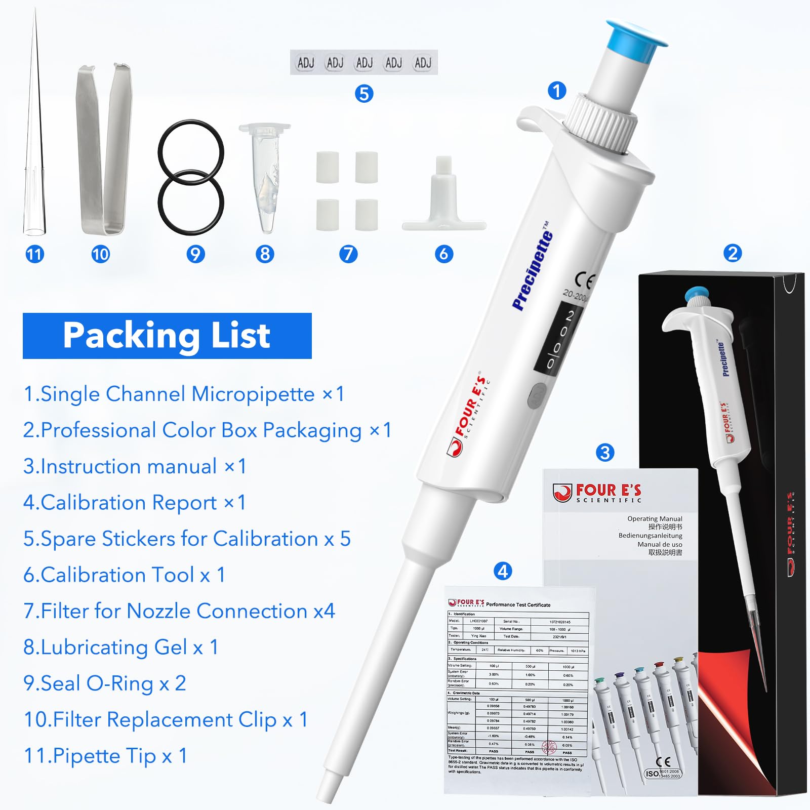Mikropipette 20-200μl – Labor-Ein-Kanal-Pipette Hochpräzise, Mikropipette mit Einstellbarem Volumen, Unterer Teil Autoklavierbar