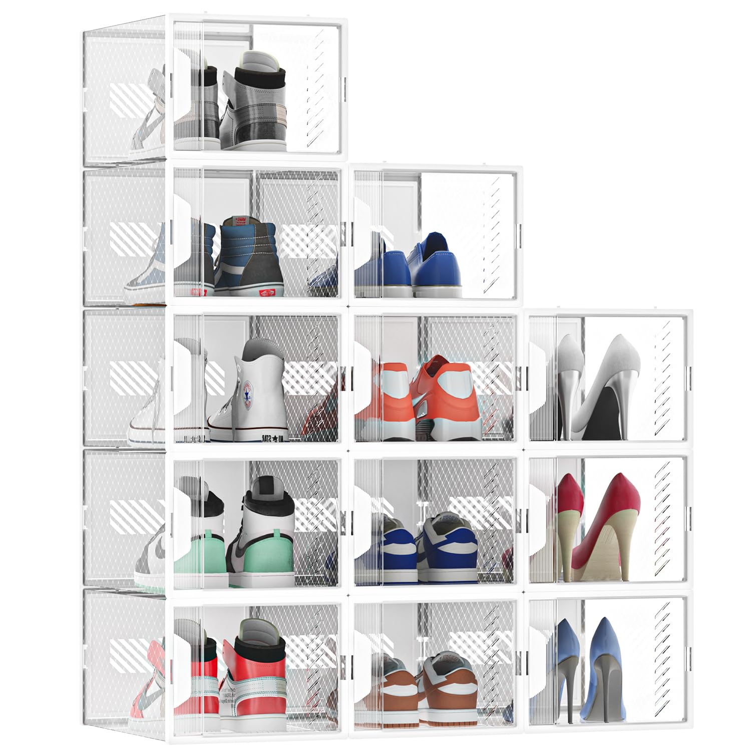 12 pcs Cajas de zapatos plástico, Cajas de Almacenamiento de Zapatos de Plástico Transparente Apilables, Caja de Zapatos con tapa hasta Talla 45