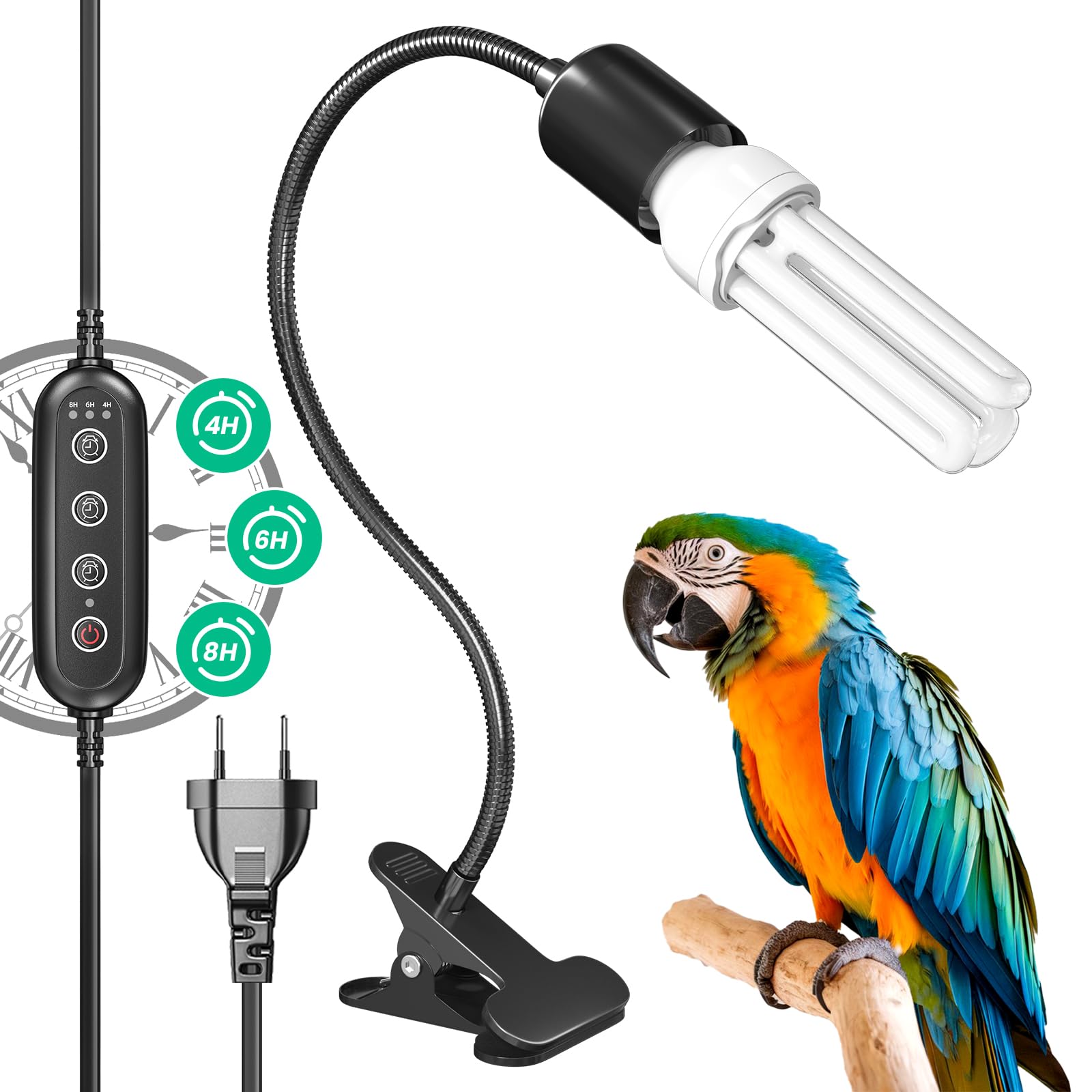 GlowUp UVB 2.4 Kit Complet d'éclairage pour Oiseaux, Lampe à Pince avec UVB 2.4 Ampoule E27 20W pour Oiseaux