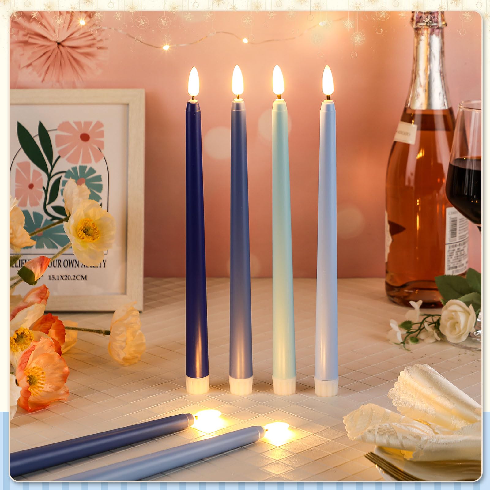 Baquler Lot de 12 bougies coniques sans flamme bleues de 27,9 cm à piles LED en plastique dégradé pour mariage, église, dîner, maison, fête de Noël