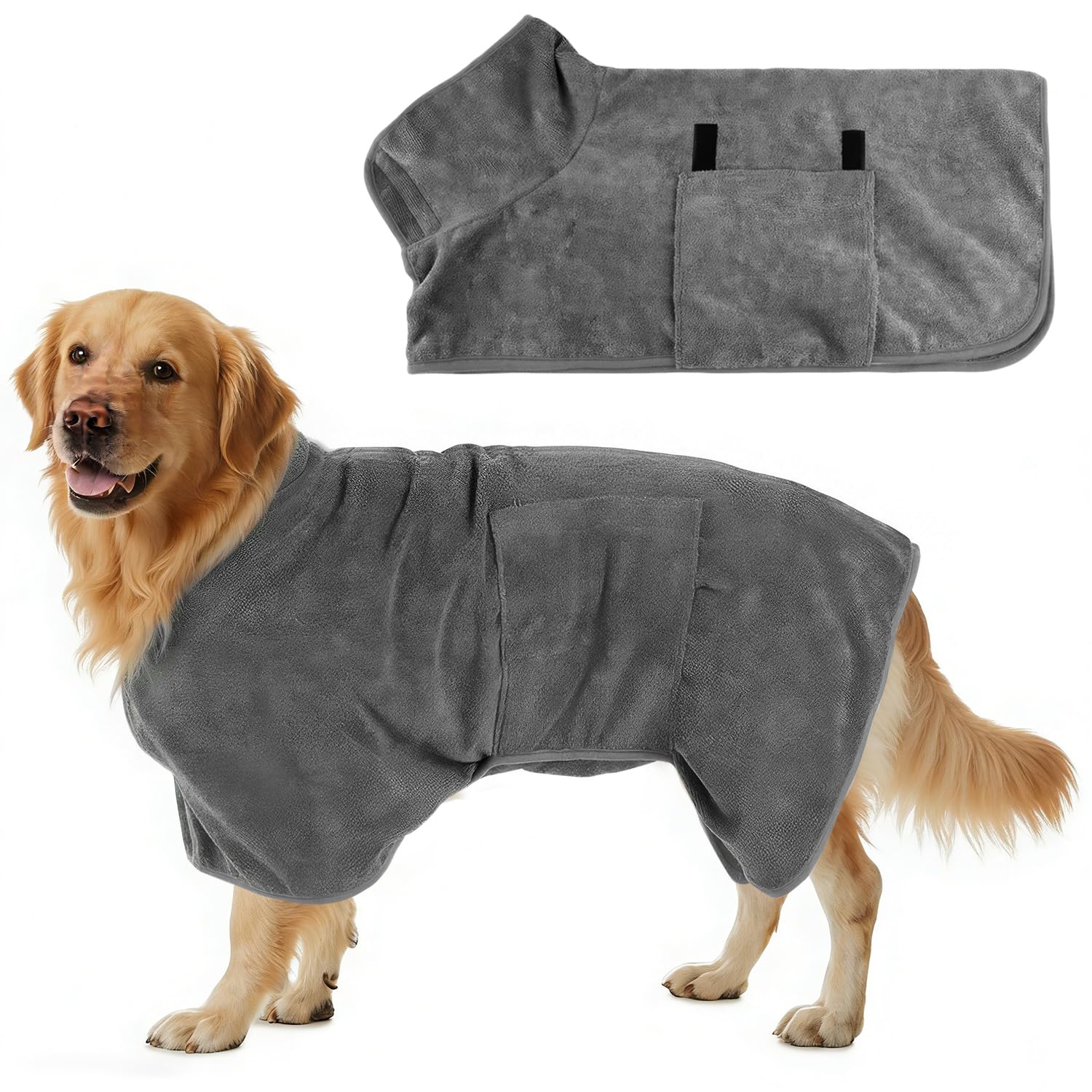 HIVTE Dog Drying Robe & Dry Towel - Microfiber Fast Drying & Absorbent Pet Bathrobe with Adjustable Collar and Waist (Grey-S)
