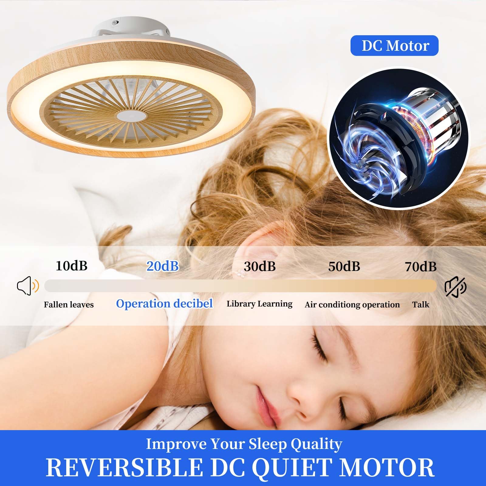 50CM Moderne Bois Plafonnier Ventilateur Avec Telecommande/APP LED Dimmable, Moteur DC Réversible 6 Vitesses Lampe Ventilateur Plafond Pour Chambre/Salon Réversible Eté Hiver