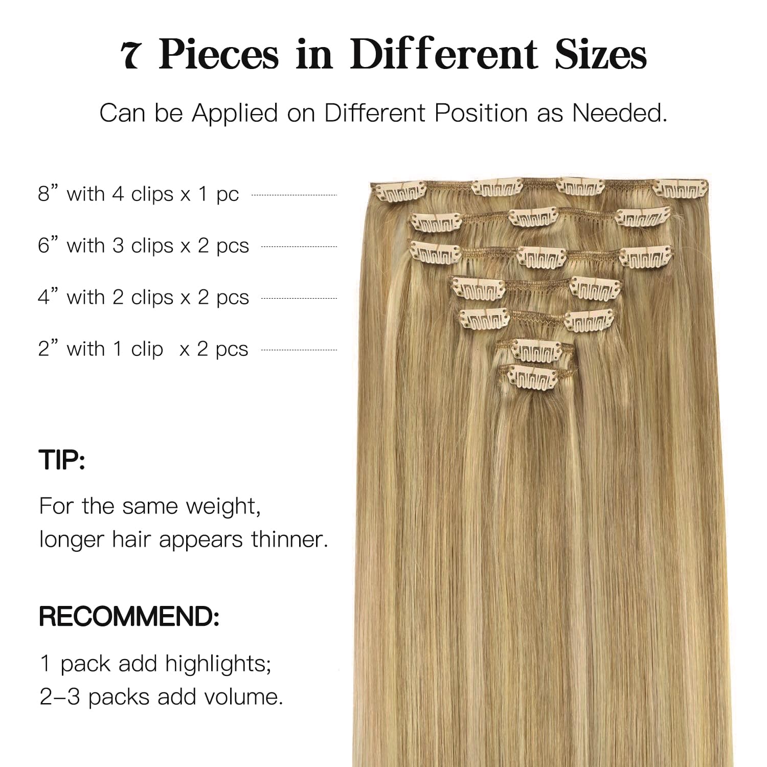 HOTBANANA Extension Capelli Veri Clip, (Tono grigio) Biondo Chiaro Evidenziato Biondo Dorato Extension Clip Capelli Veri 35cm 7pcs Remy Umani Naturali Capelli Extensions 120g