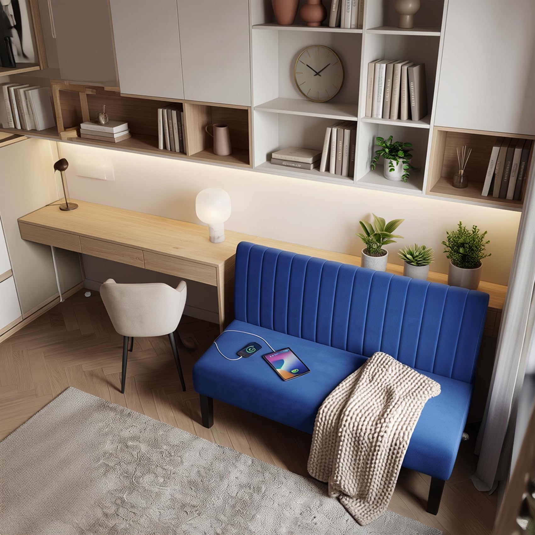 Navy Blue Velvet Armless Loveseat with USB, Small Couch for Living Room | Mini Sofa and Love Seat, Comfy Velvet Couch with Armless Design and USB Port, Apartment Office Dorm Small Spaces, Navy Blue