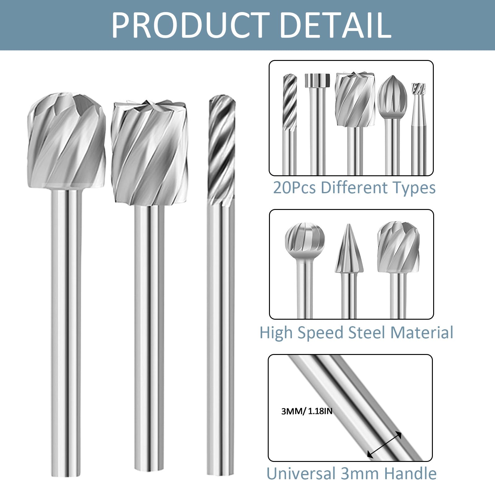 20Pcs Wood Carving Bits Set for Dremel Tool, Wood Drill Tools HSS Rotary Burr Set, Woodworking Engraving Bits with 3mm Shank Rotary Tools for DIY Wood Carving Engraving Polishing Grooving Drilling - Image 4