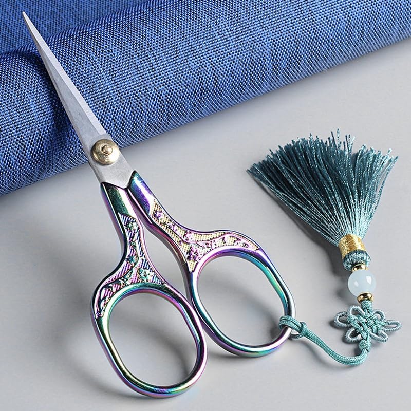 Vintage Craft Scissors Stainless Steel Square Handle Household DIY Embroidery Thread Scissors for Sewing Cutting Cloth with A Chinese Knot (Multicolor)