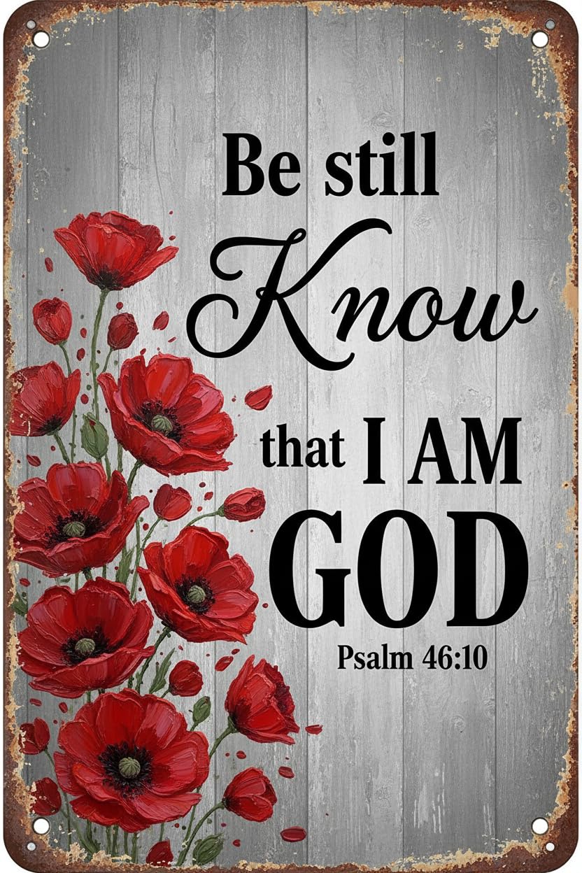 Vintage Art Tin Sign And Know That I am God Red Poppies Tin Sign Vintage Art Wall Decor Sign for Living Rooms Bedroom Bathroom Garage Decoration 8.00“x12.00"