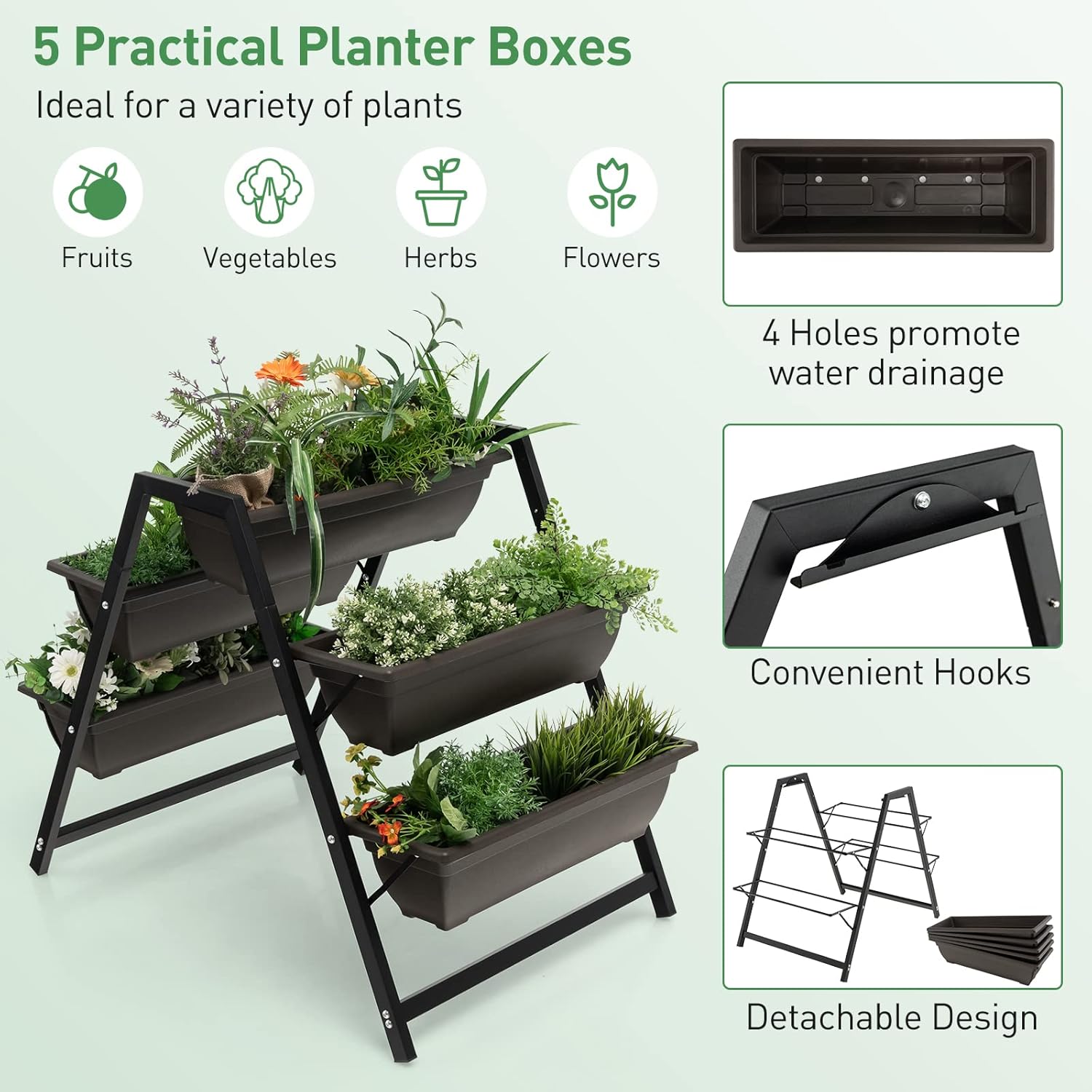 Giantex Set of 2 Vertical Raised Garden Bed, 5 Planter Boxes Container w/Drainage Holes, 31" H Freestanding Heavy-Duty Metal Frame, Indoor Outdoor Raised Bed for Vegetables Herbs Flowers to Grow