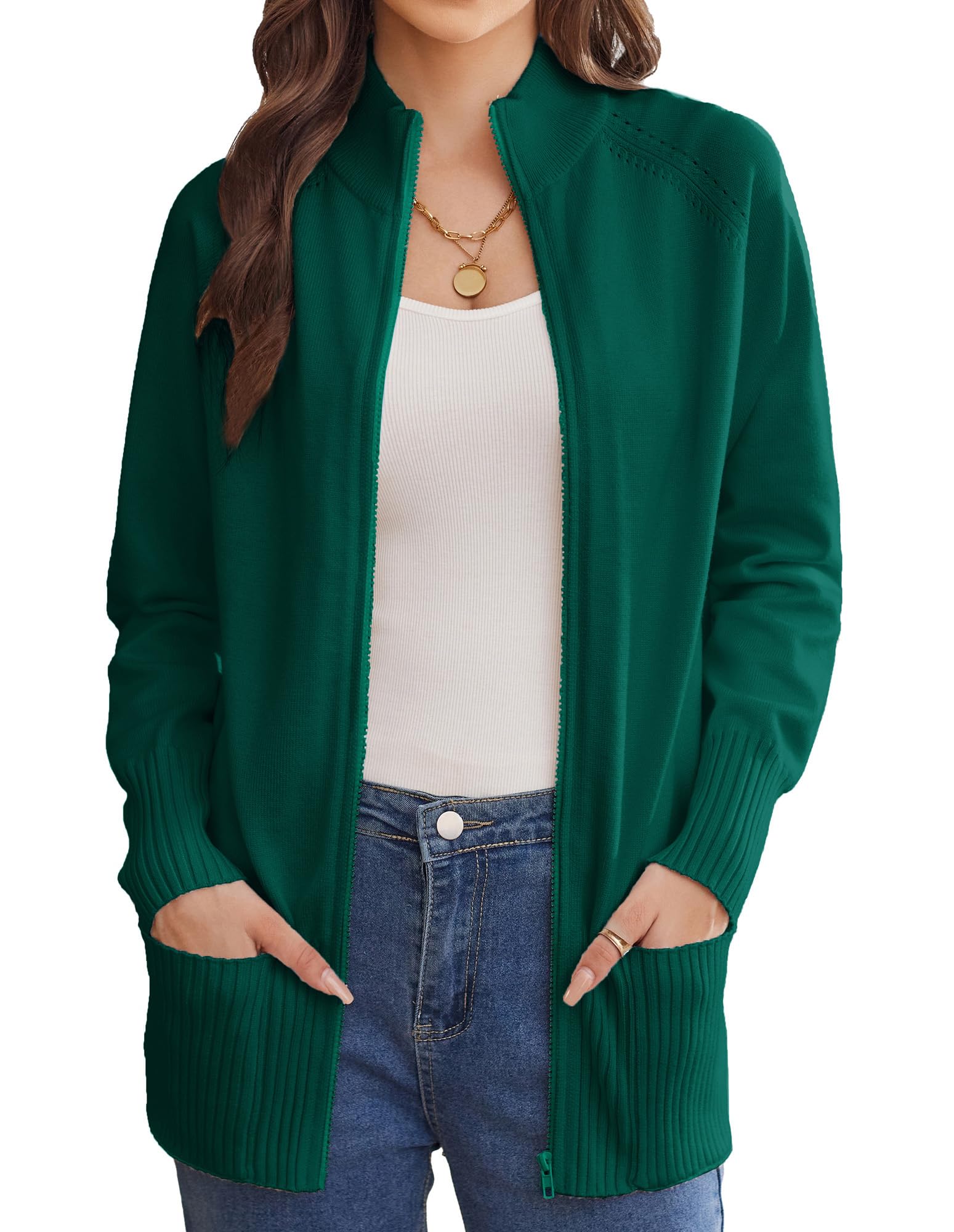 GRACE KARIN Gilet Long Femme Manche Longue Zip-up Cardigan Col Montant Elegant Décontracté