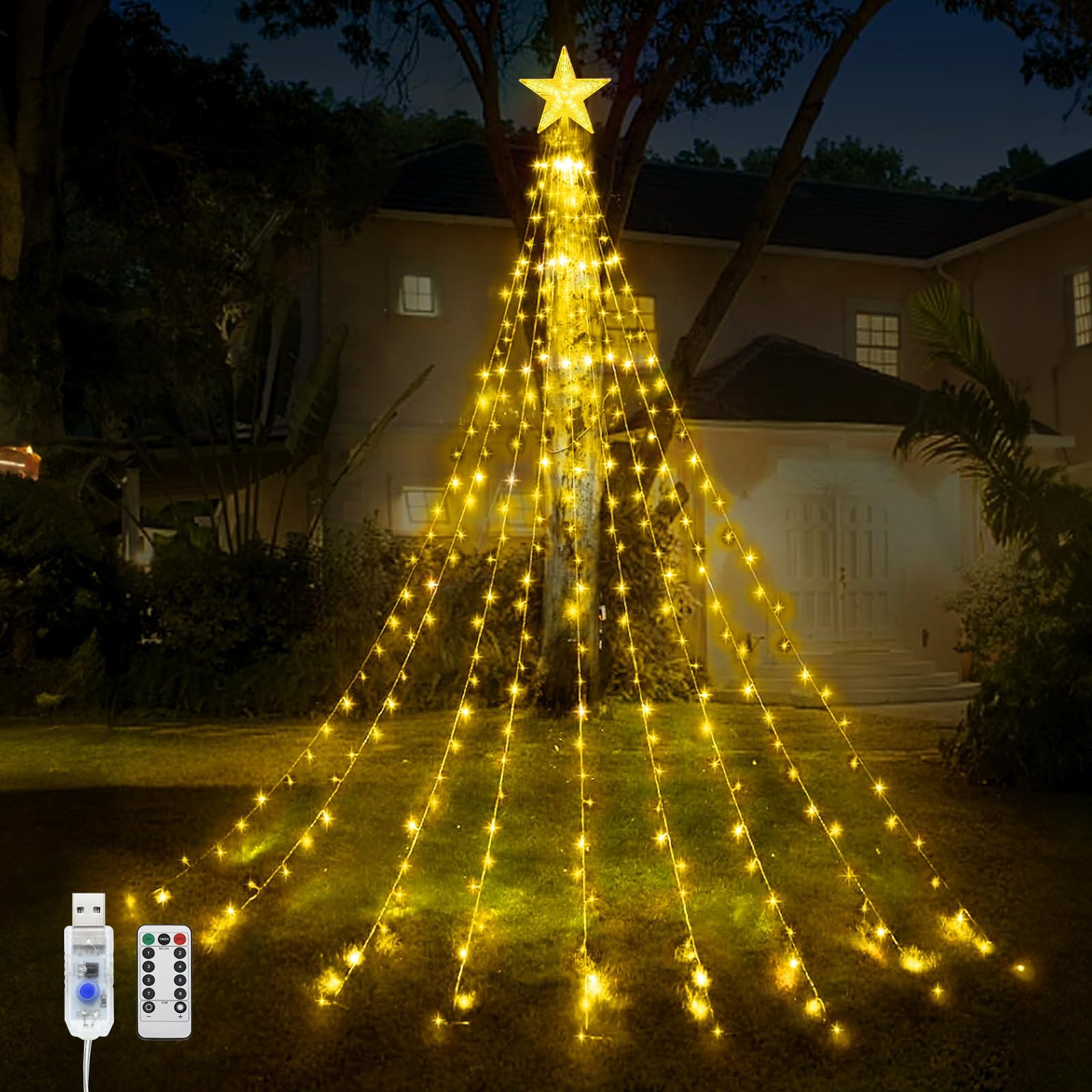 WoskjXas Christmas Tree Lights Waterfall, 9 Pieces 2 m 198 LEDs USB Christmas Star Topper Light with Remote Control, 8 Modes Christmas Decoration Star Light Waterproof for Christmas