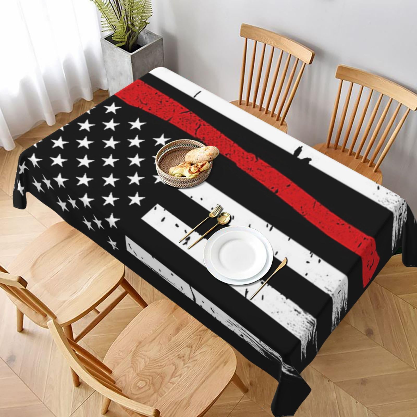 BNVSADC Red Line Firefighter USA Flag Printed Rectangle Tablecloth 228x152 CM, Water Resistant Polyester Table Cloth Decorative Fabric Table Covers for Kitchen Dining Table Parties Camping