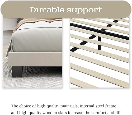 Miniatura 5 de Tuconia Base de cama individual tapizada con cabecero de listones de madera, soporte de fácil montaje, no necesita somier, terciopelo beige