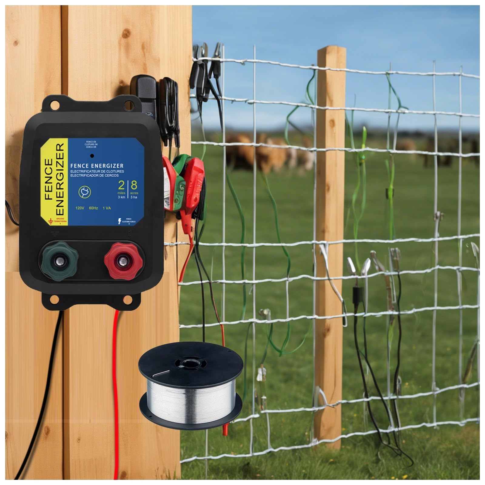 PE2 Electric Fence Energizer for Contain Small Animals, Keep Out Pests and Predators, 8 Acres/2-Mile Output Voltage 5000V, 0.1 Joule,with 17 Gauge Aluminum Wire
