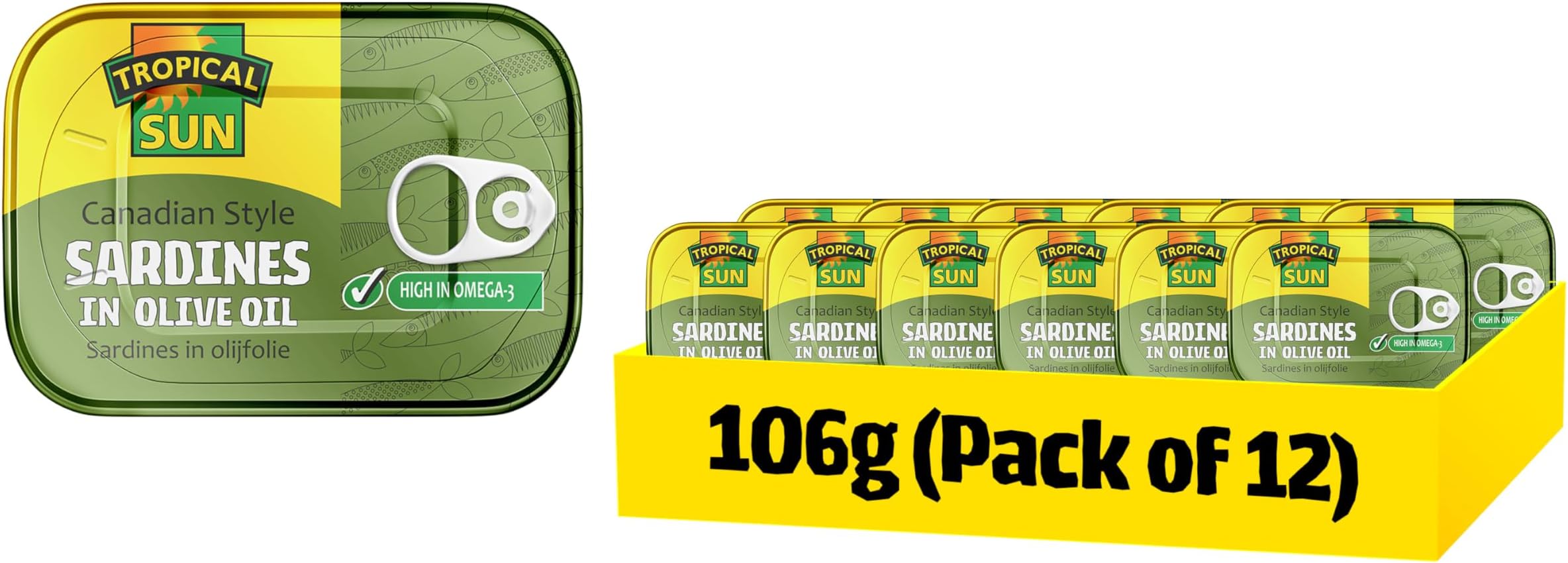Tropical Sun Canadian Style Sardines in Olive Oil 106g (Pack of 12) - Premium Quality Canned Sardines - Ready to Eat - High in Protein & Omega 3 - Perfect for Salads, Pasta & Light Meals