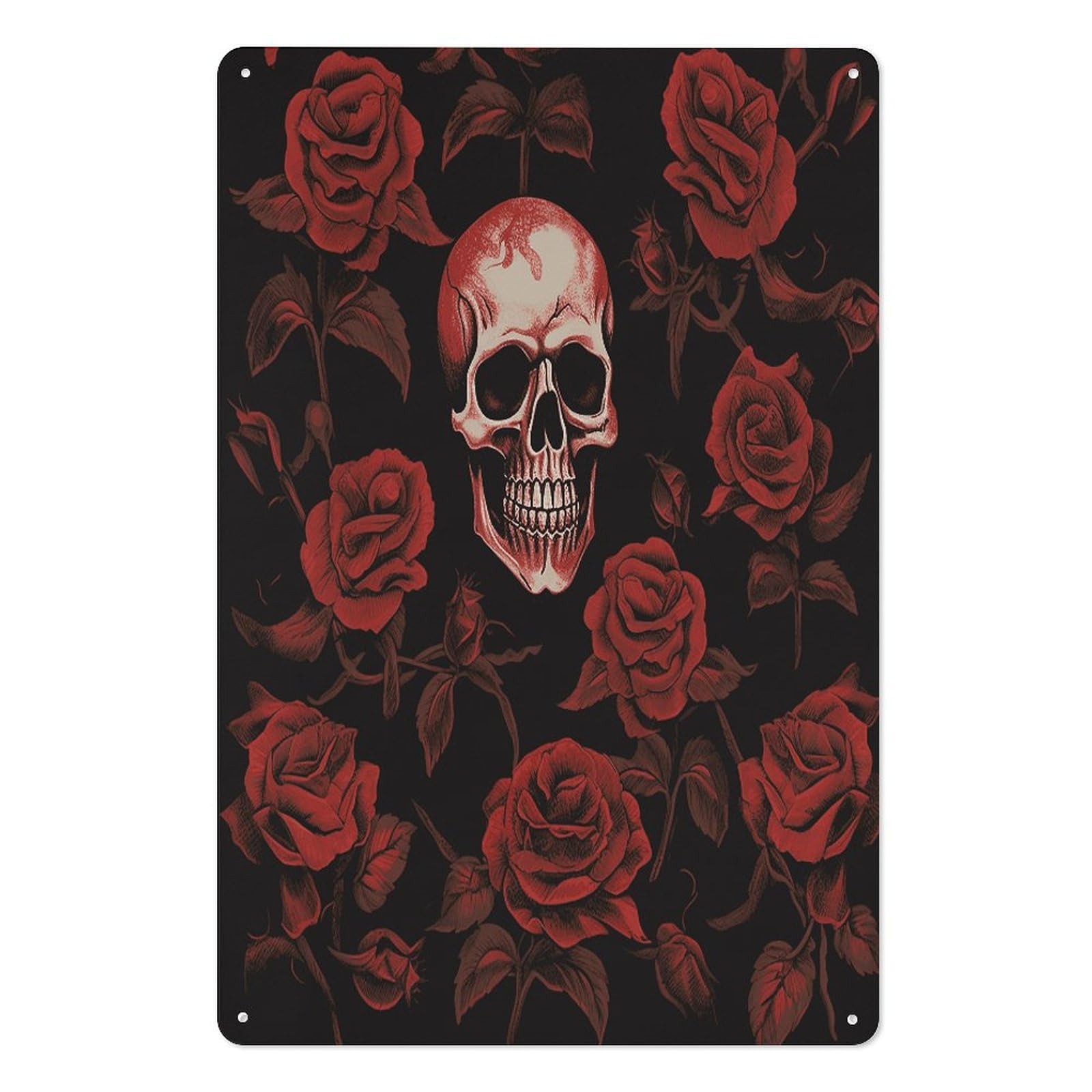 Letrero de estaño de calavera y rosa para colgar arte de pared metálico retro 1