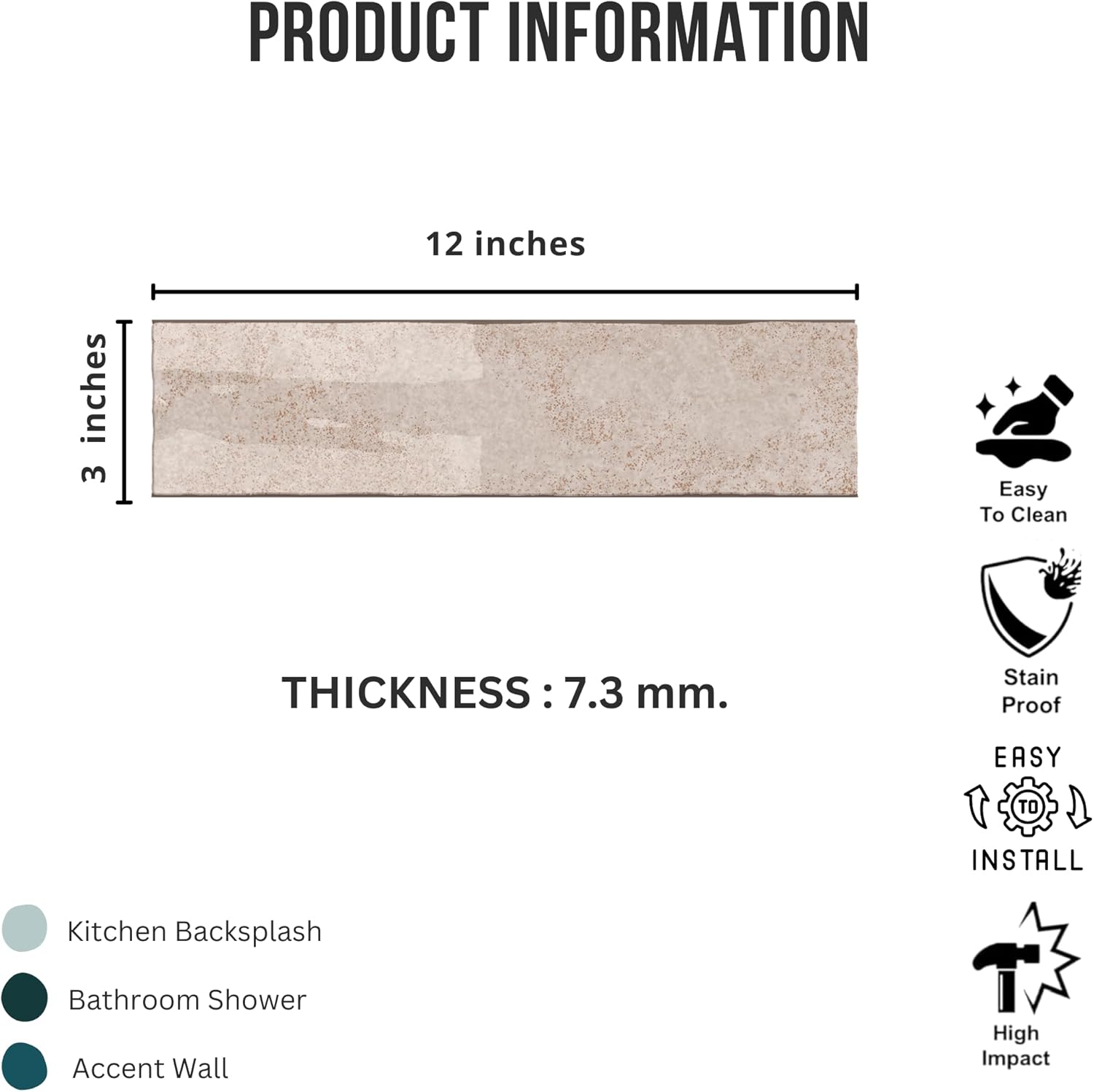 Tenedos HTCRC Beige 3x12 Glossy Ceramic Wall Tile – Kitchen Backsplash Bathroom Wall Shower Accent – Decorative Color Variation – 1 Box (50 Pieces)